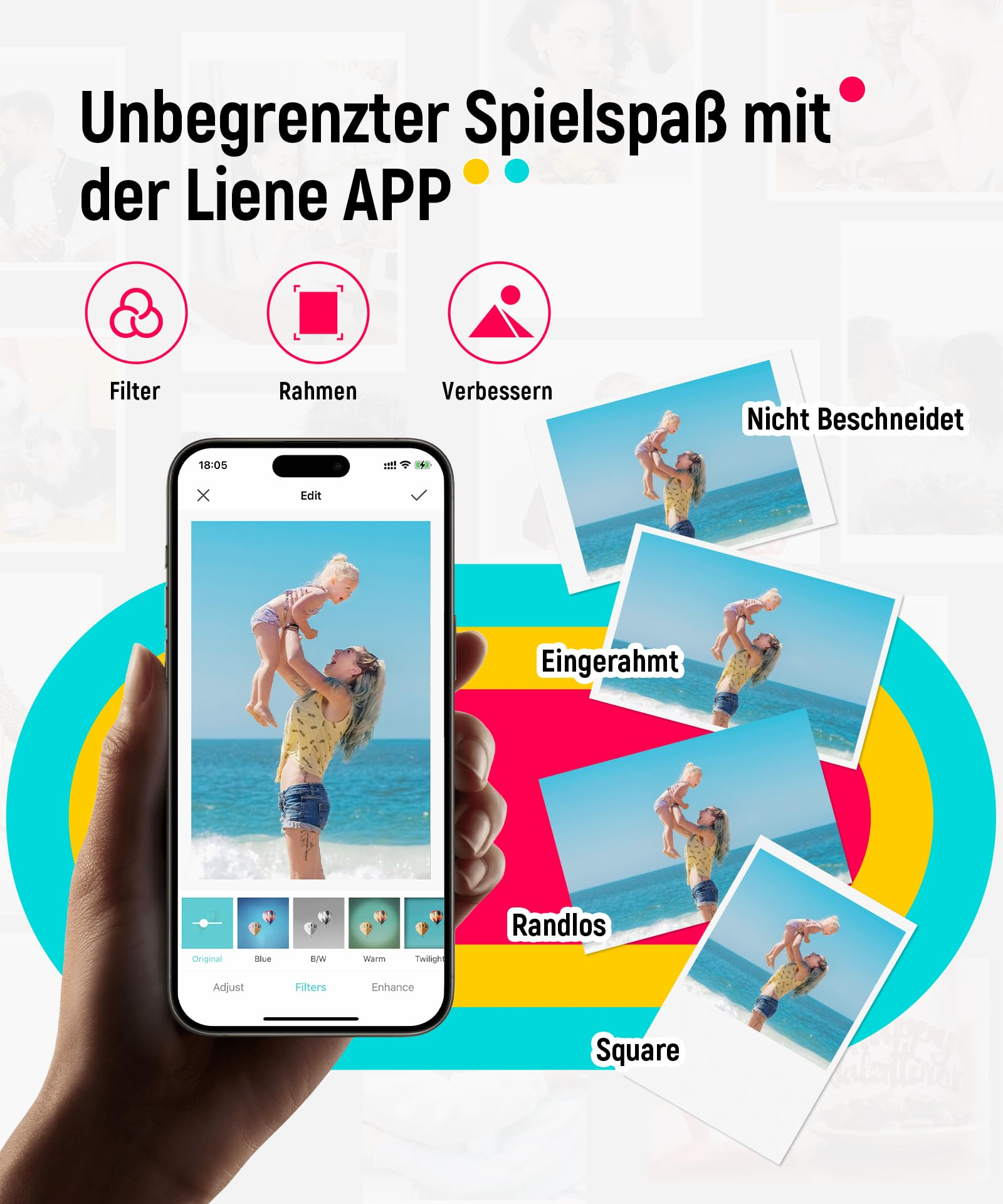Hand hält Smartphone mit Foto-App, zeigt Strandbild und Bearbeitungsoptionen.