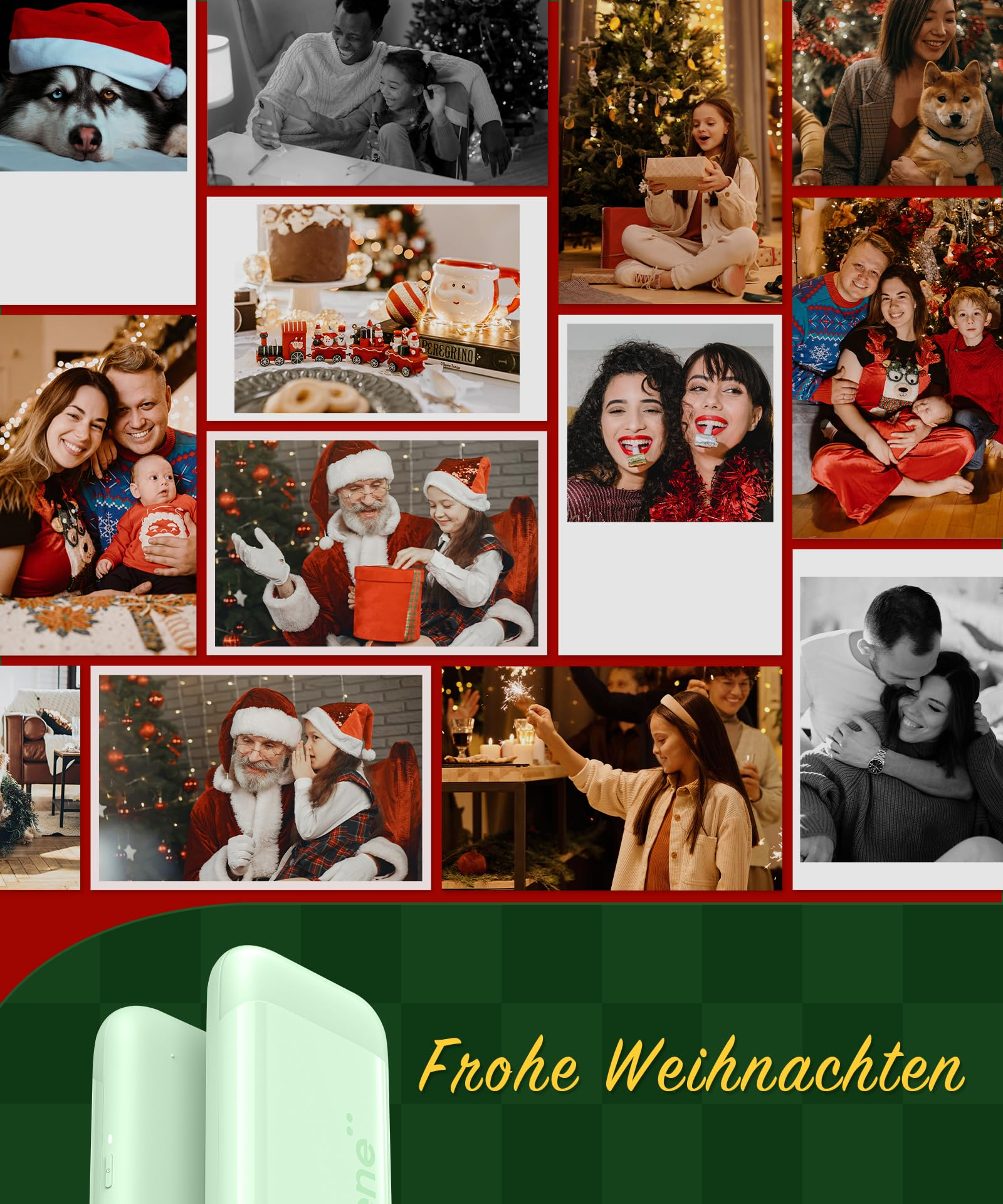 Eine Collage von Weihnachtsszenen mit Familien, dem Weihnachtsmann und Haustieren.