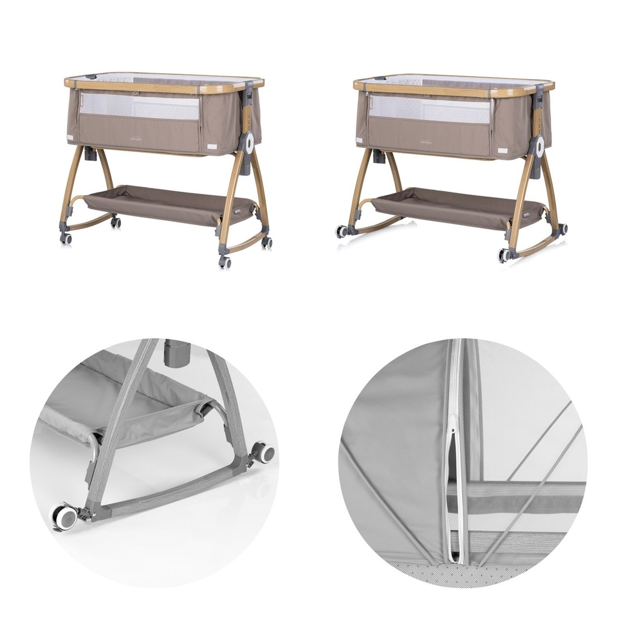 Ein beiges Babybett mit Holzbeinen und Rädern, gezeigt mit Detailaufnahmen der Basis und des Reißverschlusses.