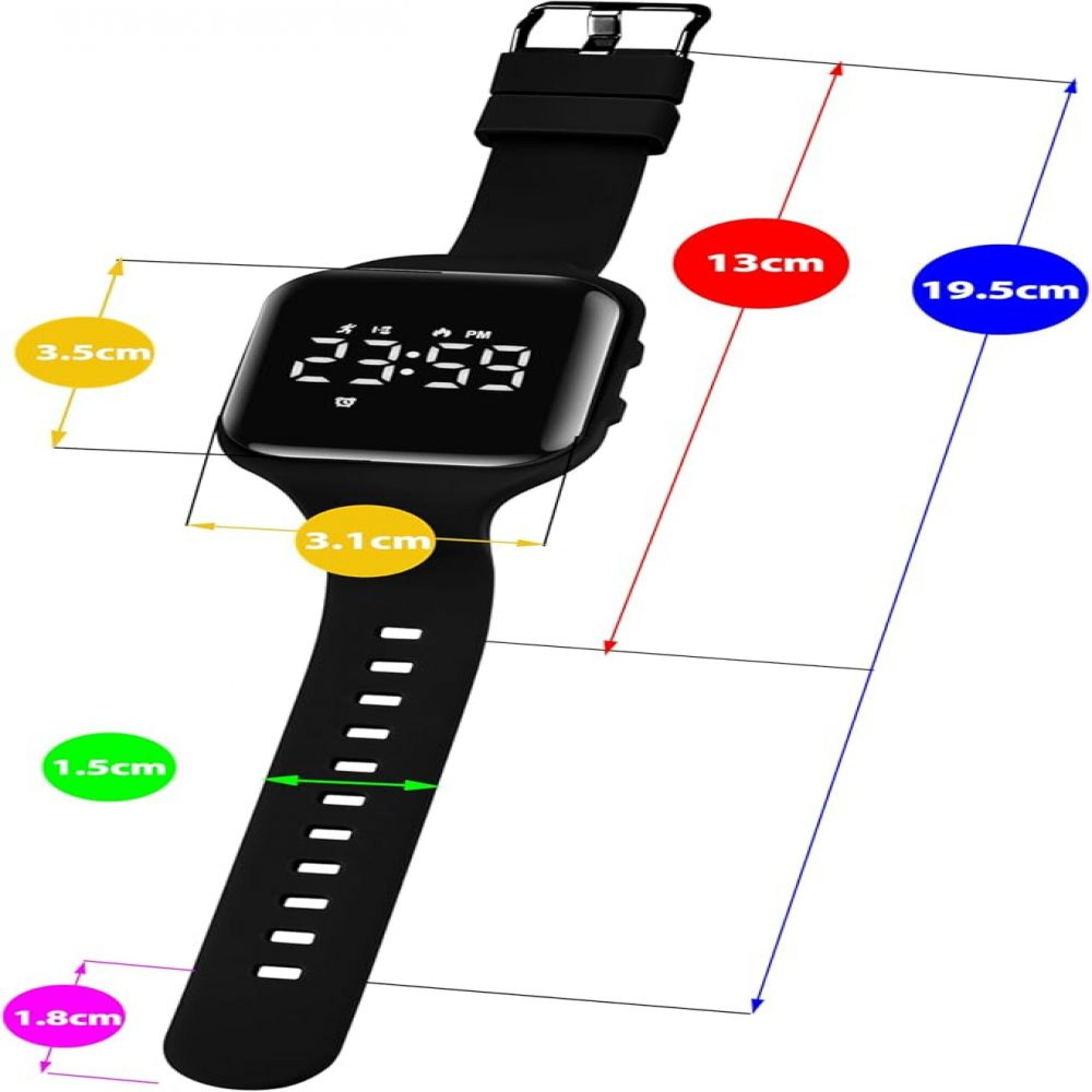 Schwarze digitale Armbanduhr mit weißem Display und Maßangaben in Zentimetern.