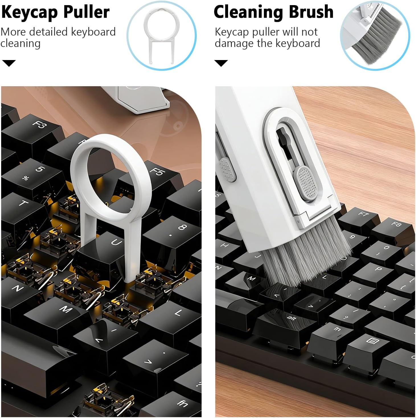 Ein weißer Tastenabzieher entfernt eine Tastenkappe und eine Bürste reinigt die Tastatur.