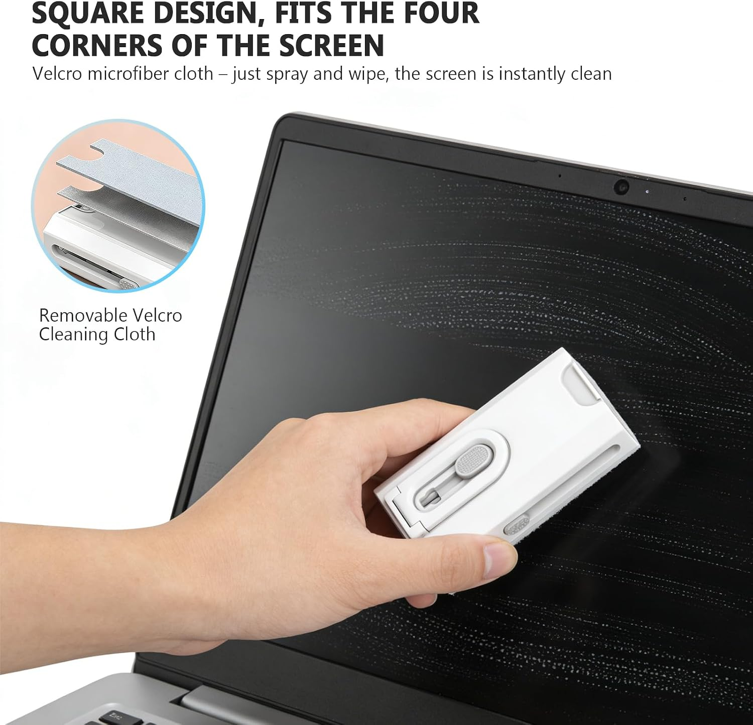 Hand wischt Laptop-Bildschirm mit einem kleinen weißen Werkzeug und abnehmbarem Klett-Reinigungstuch sauber.