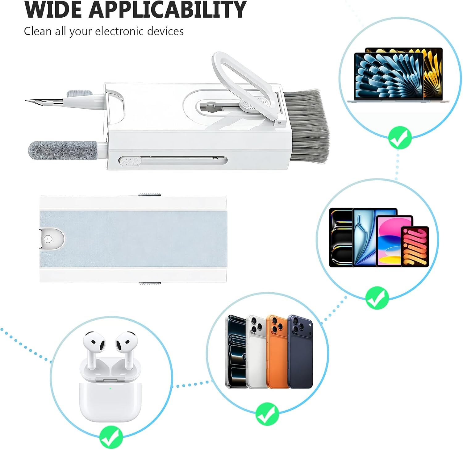 Ein weißes elektronisches Reinigungsset mit verschiedenen Aufsätzen für Laptops, Tablets, Smartphones und Kopfhörer.