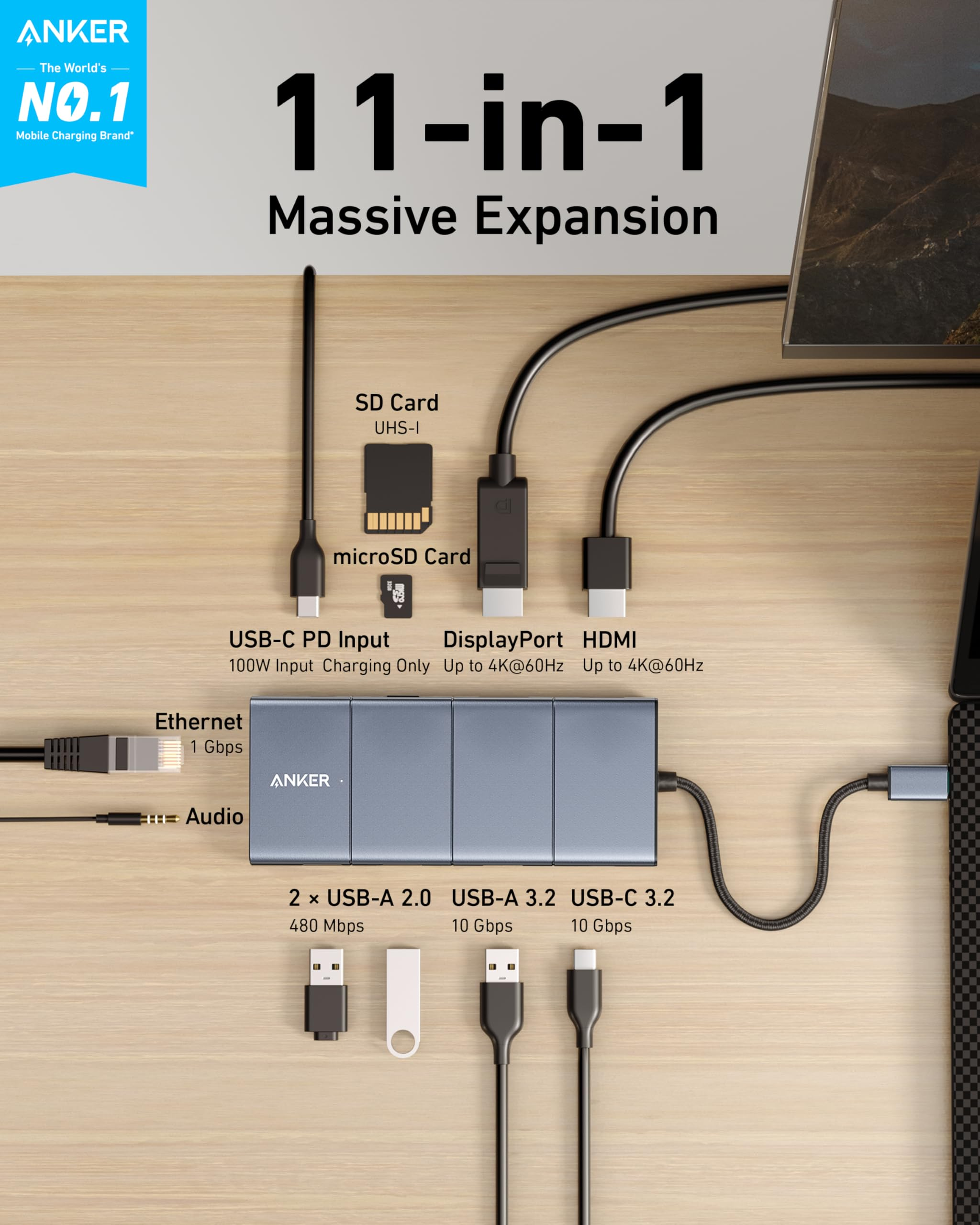 Hub USB-C 11 in 1 Anker con porte HDMI, DisplayPort, Ethernet, USB, slot per schede SD e jack audio.
