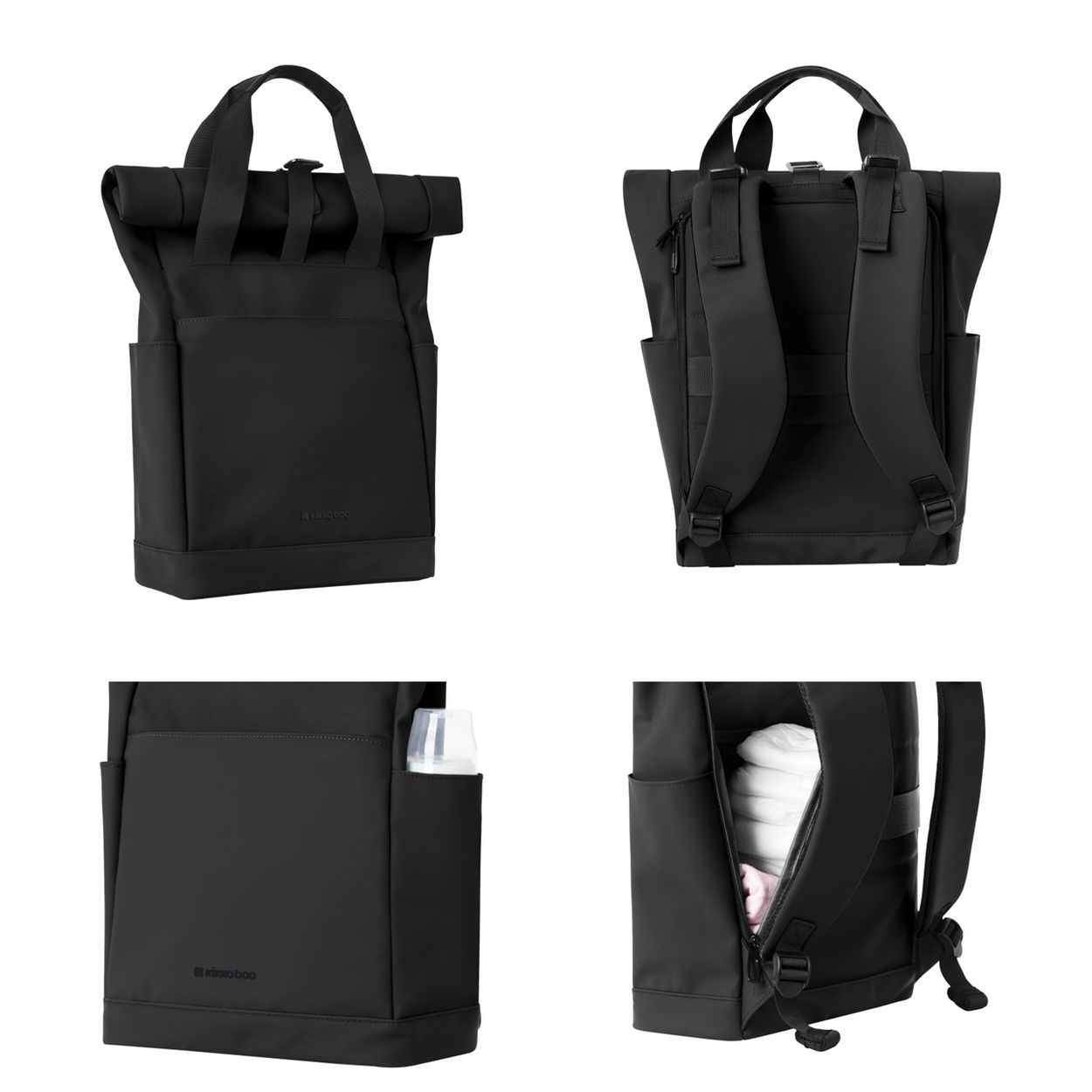 Vier Ansichten eines schwarzen Rucksacks mit Rolltop, Tragegriffen, Seitentasche mit Flasche und offenem Hauptfach.