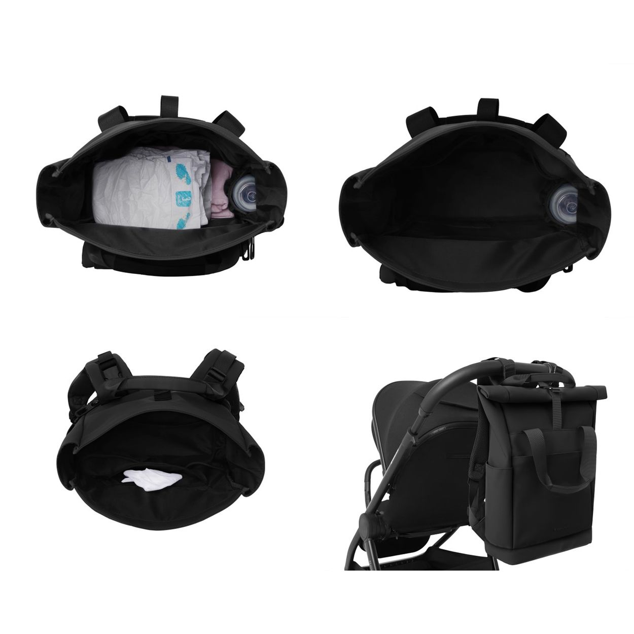 Vier Ansichten eines schwarzen Wickelrucksacks mit Babyartikeln innen und Kinderwagenbefestigung.