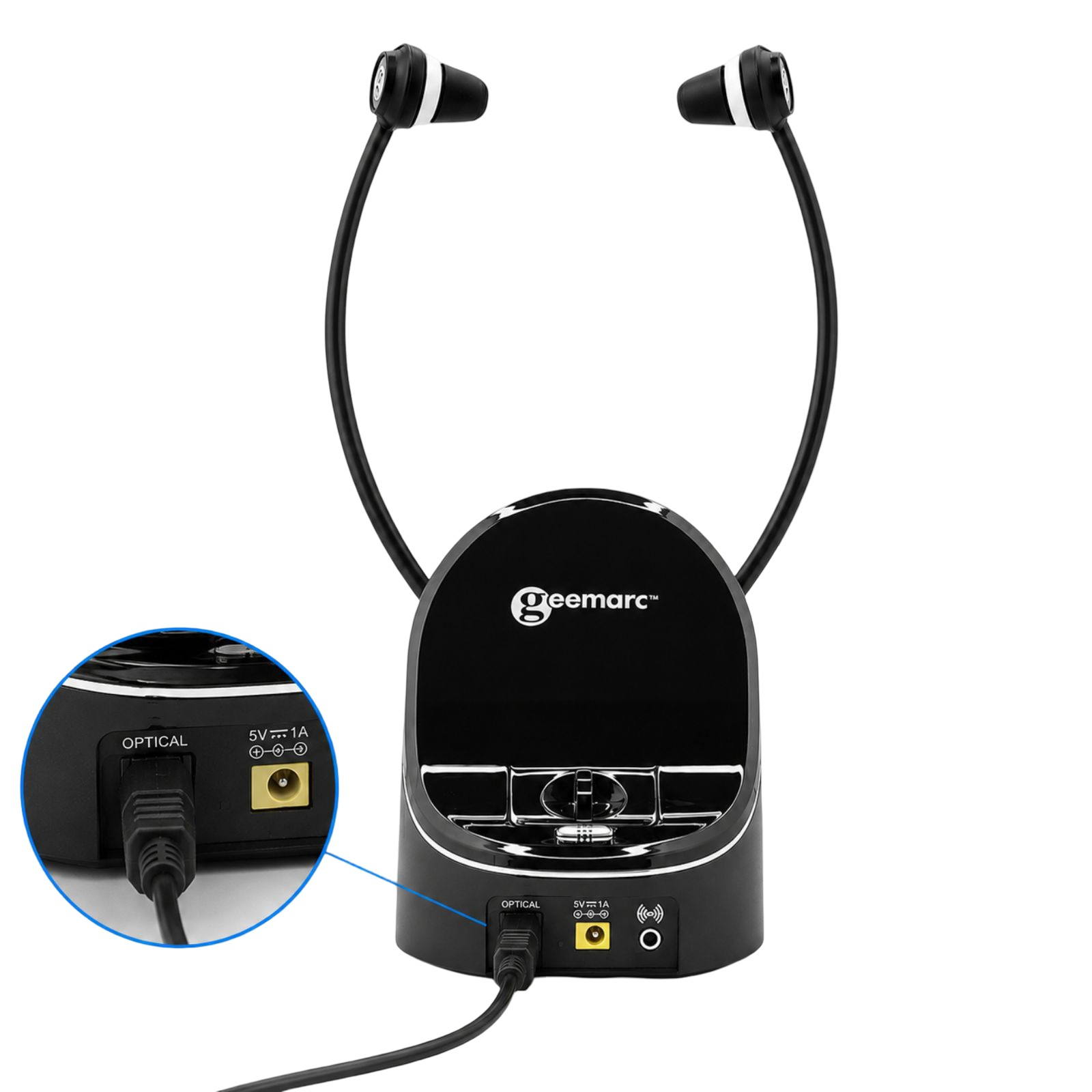 Schwarzes Geemarc TV-Hörsystem mit Ladestation, Kabel und Inset-Detail der Rückseite mit optischem Anschluss.
