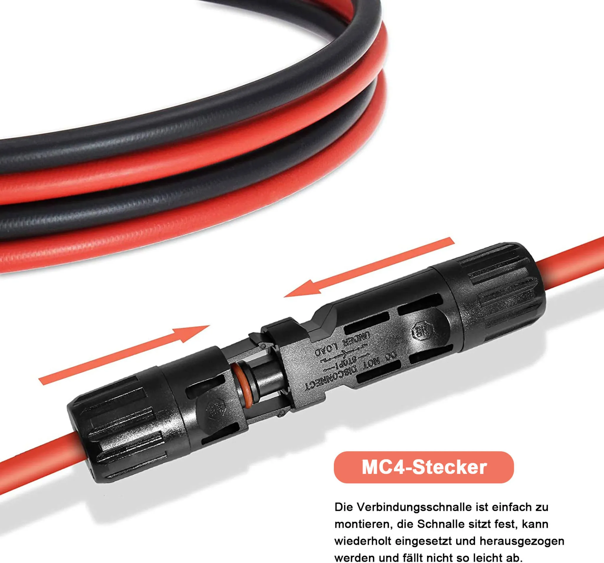 MC4-Stecker und schwarzes und rotes Kabel auf weißem Hintergrund mit Erklärungen.