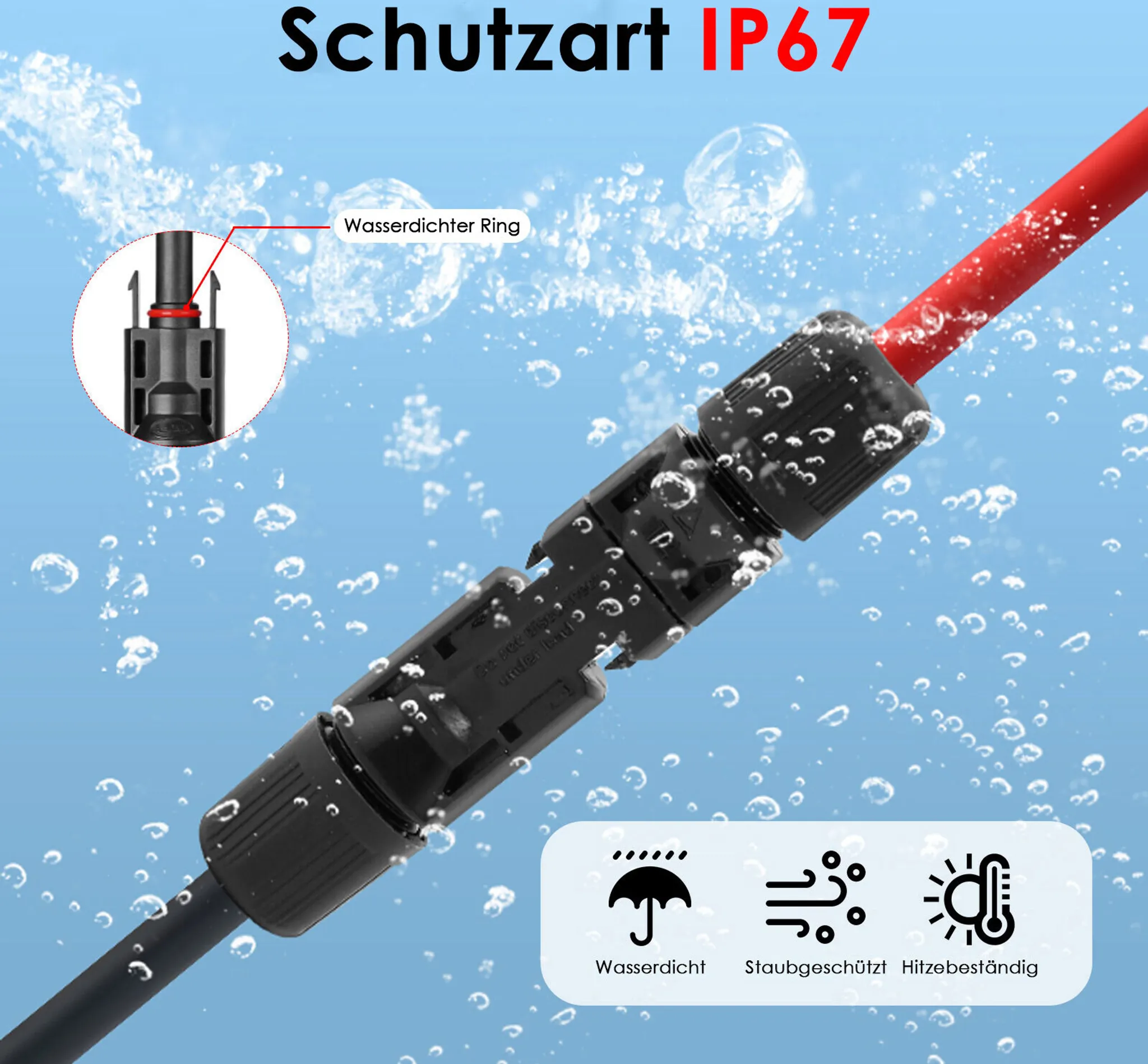Wasserdichter IP67 Kabelverbinder mit O-Ring, staub- und hitzebeständig.