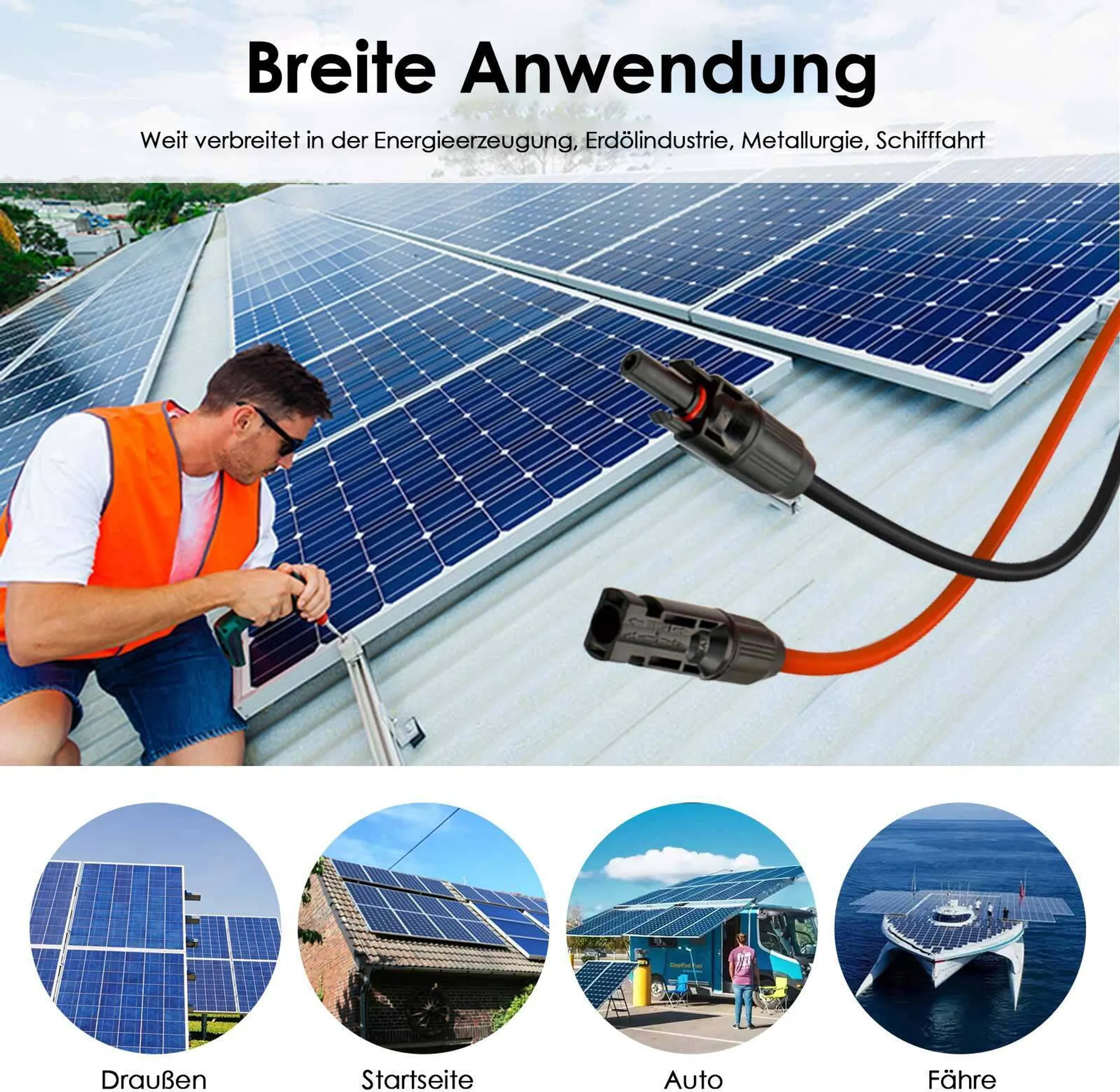 Solarpanel-Installation auf einem Dach, Detail von Steckverbindern und Anwendungsbeispiele.
