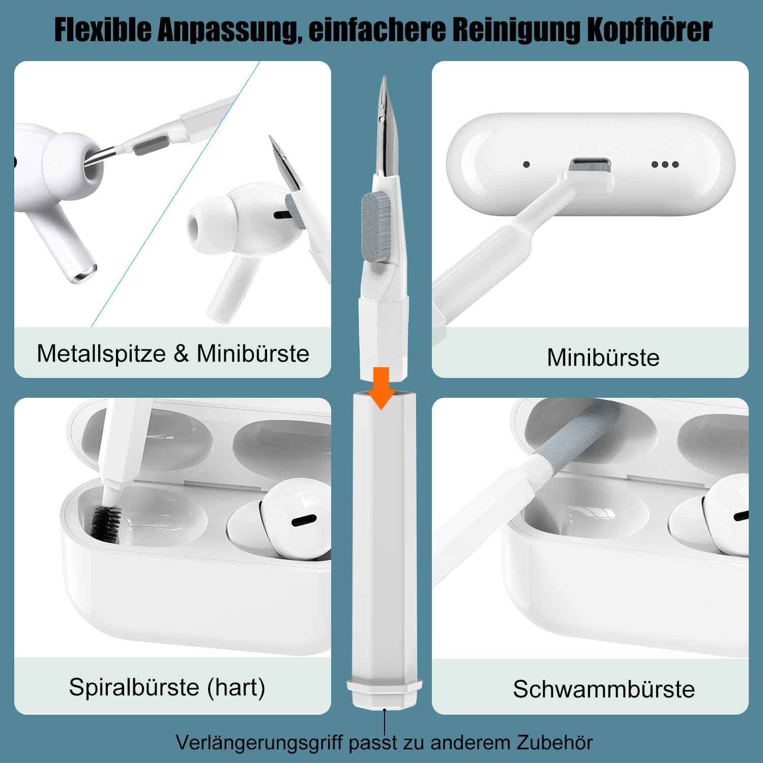 Ein Reinigungsset für Kopfhörer mit Metallspitze, Bürsten und Schwamm zur einfachen Pflege.