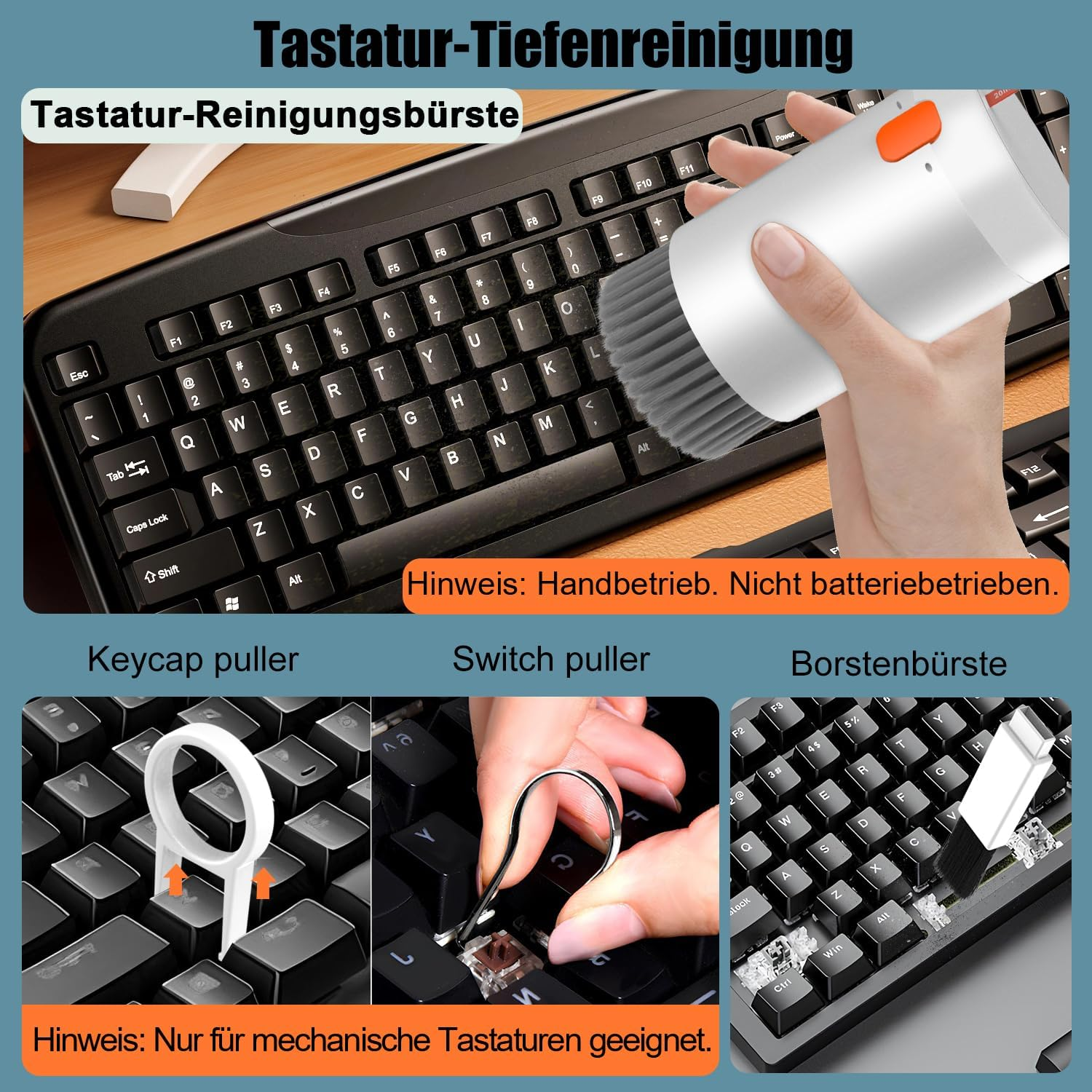 Hand hält Reinigungsbürste über schwarzer Tastatur mit Erklärungen für Keycap-Puller und Switch-Puller.