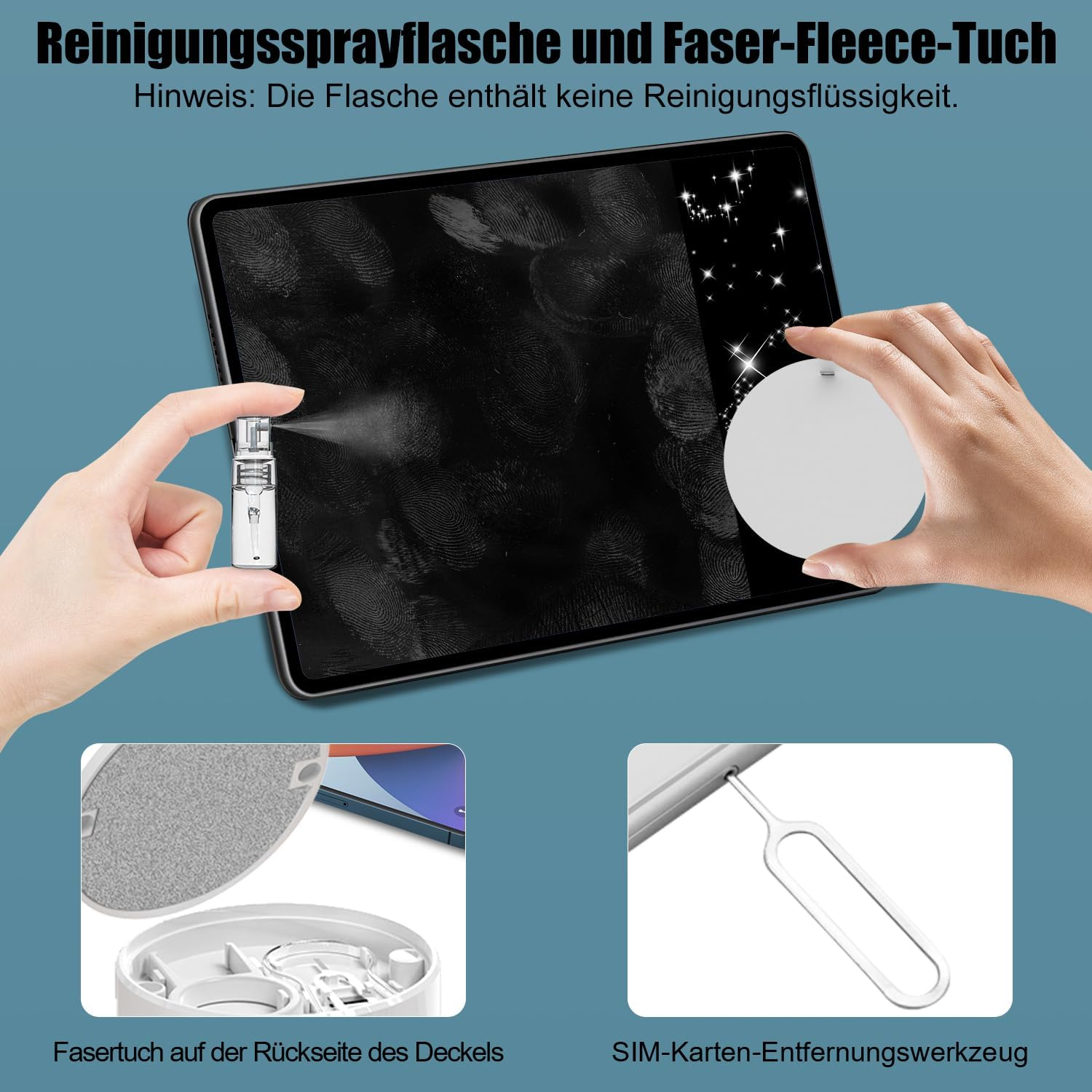 Tablet-Reinigungsset mit Spray, Fasertuch und SIM-Werkzeug.