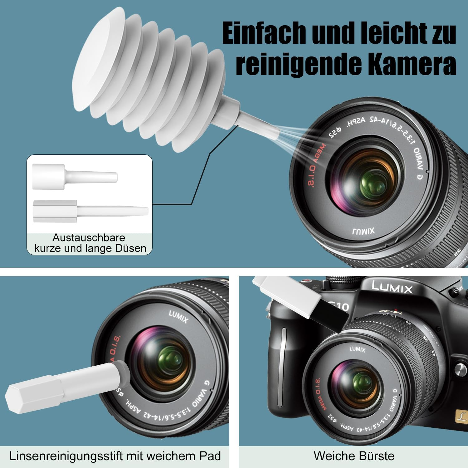 Ein weißer Blasebalg und Reinigungswerkzeuge werden zur Reinigung eines Kameraobjektivs und einer Lumix-Kamera verwendet.