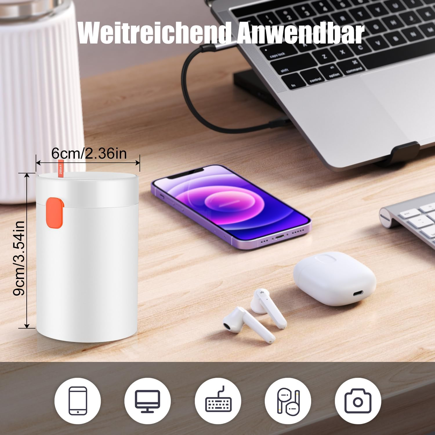 Ein weißes Zylindergerät mit Maßen auf einem Holztisch mit Telefon, Laptop und Ohrhörern.