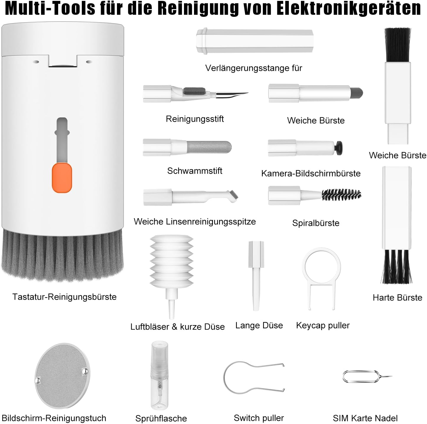 Elektronik-Reinigungsset mit verschiedenen Bürsten, Stiften und Werkzeugen mit deutschen Beschriftungen.