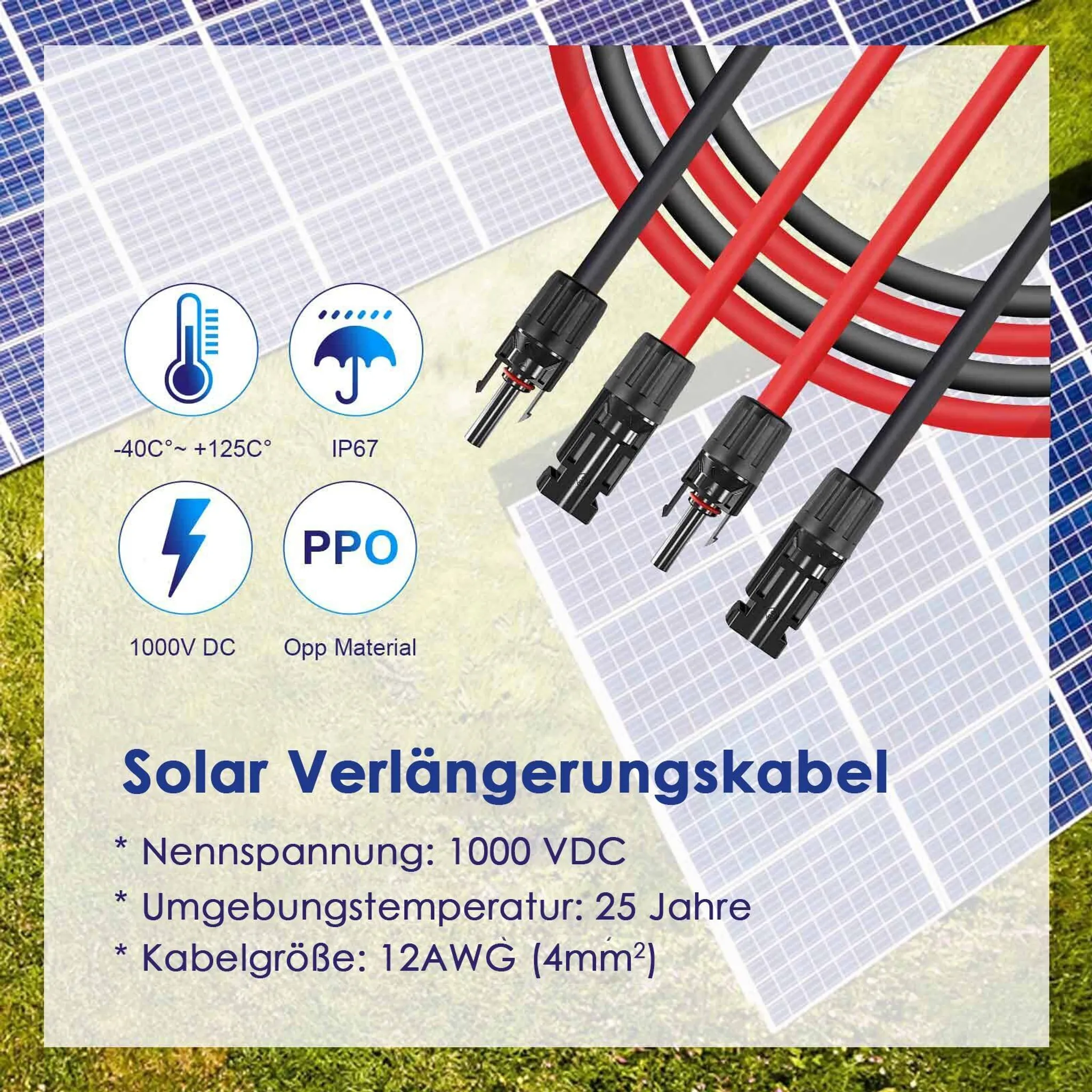 Solar-Verlängerungskabel mit roten und schwarzen Adern, Steckern und technischen Symbolen vor Solarpanel-Hintergrund.