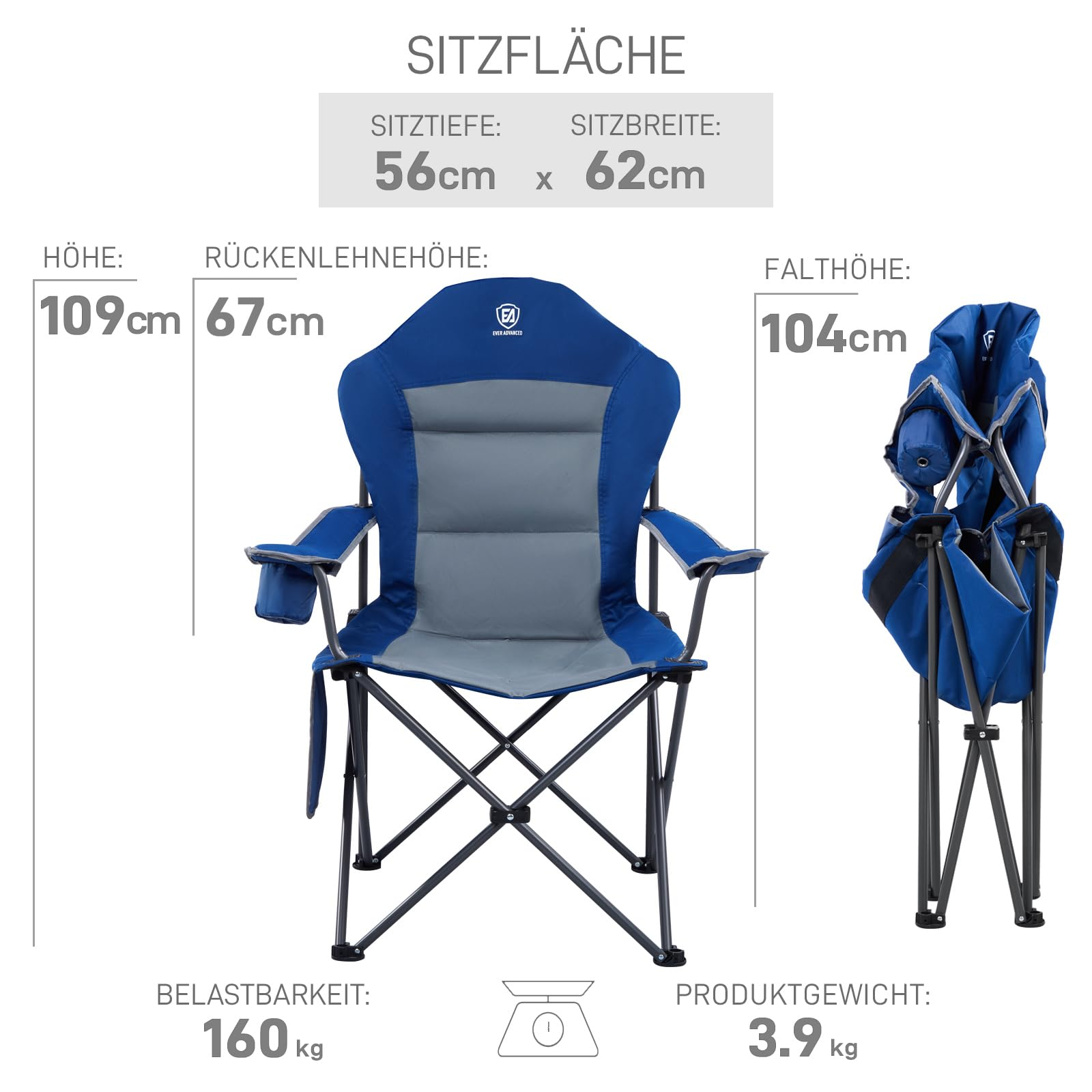 Schema di una sedia da campeggio pieghevole blu con dimensioni e portata.
