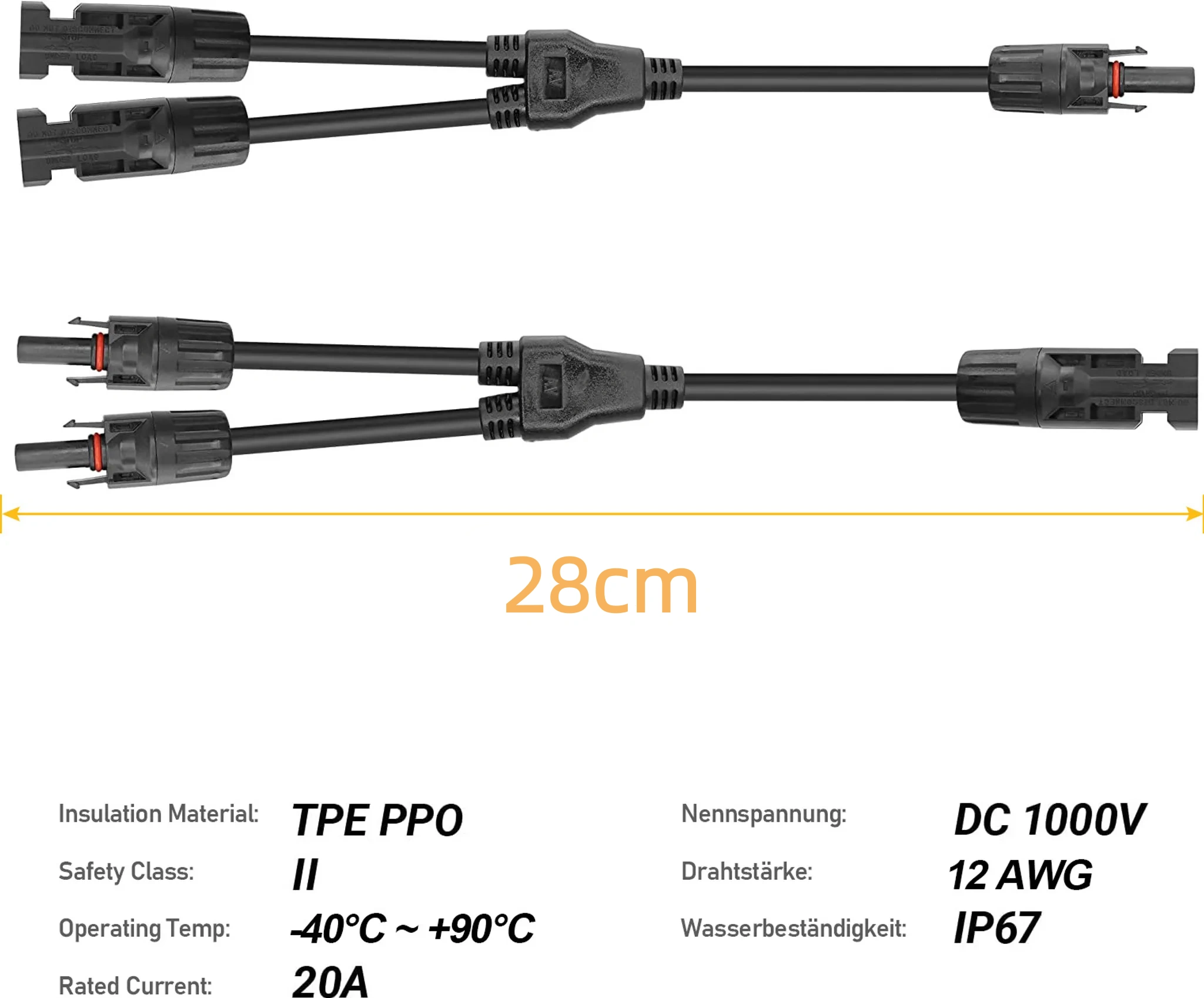 Solar-Y-Kabel 1 zu 2, Länge 28cm, mit technischen Daten wie DC 1000V und IP67.
