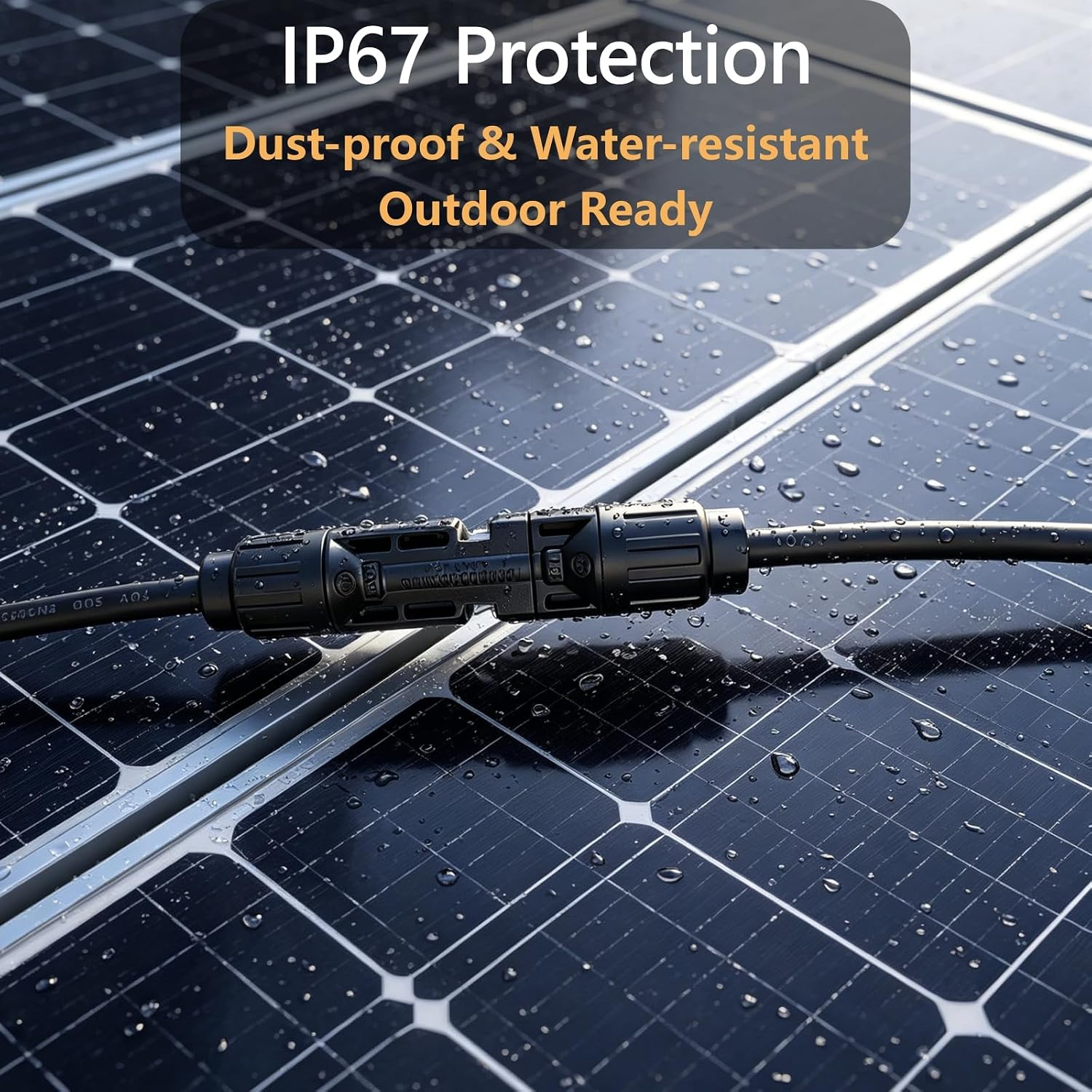 Wasserdichte schwarze Kabelverbinder auf nassen Solarzellen mit Text IP67 Protection.
