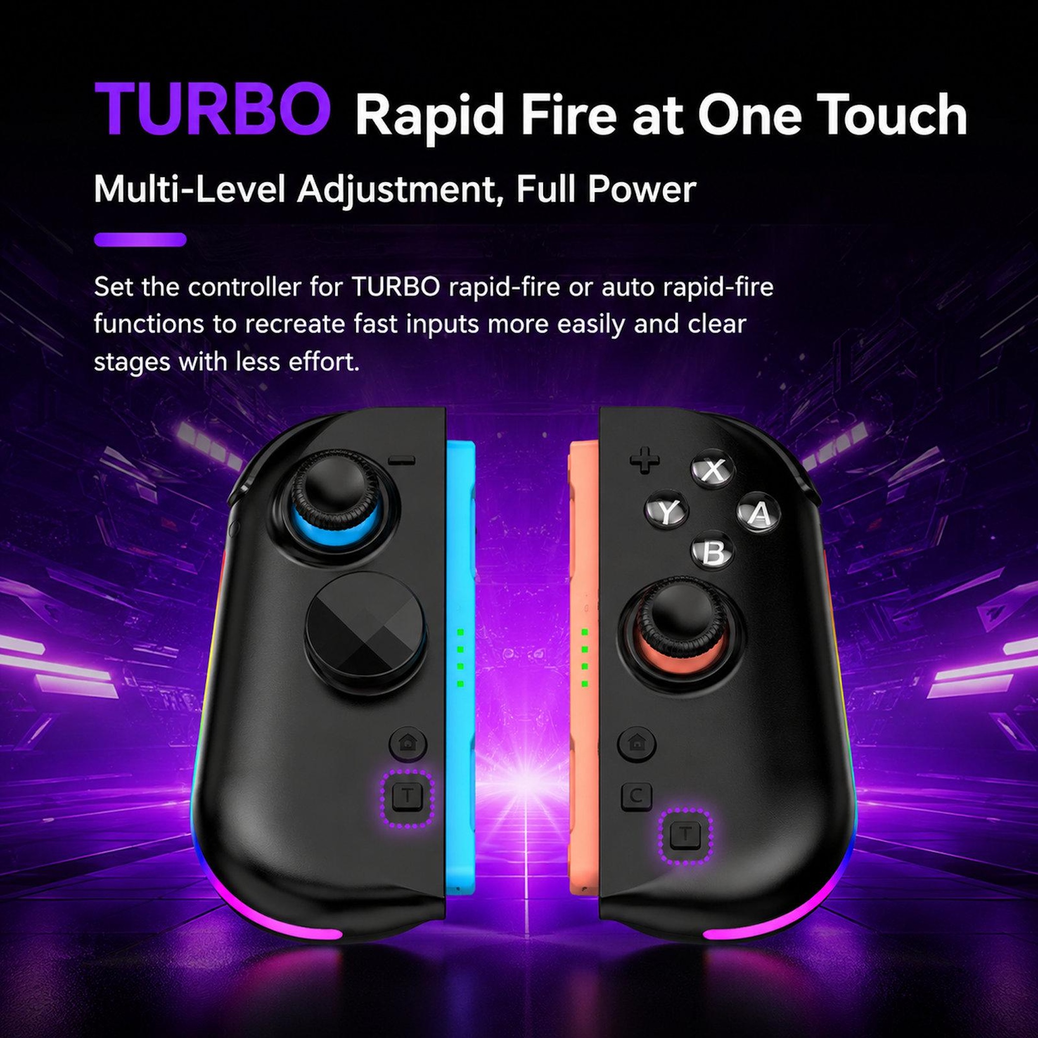 Schwarze Joy-Con-Controller mit Turbo-Funktion vor leuchtendem violettem Hintergrund.
