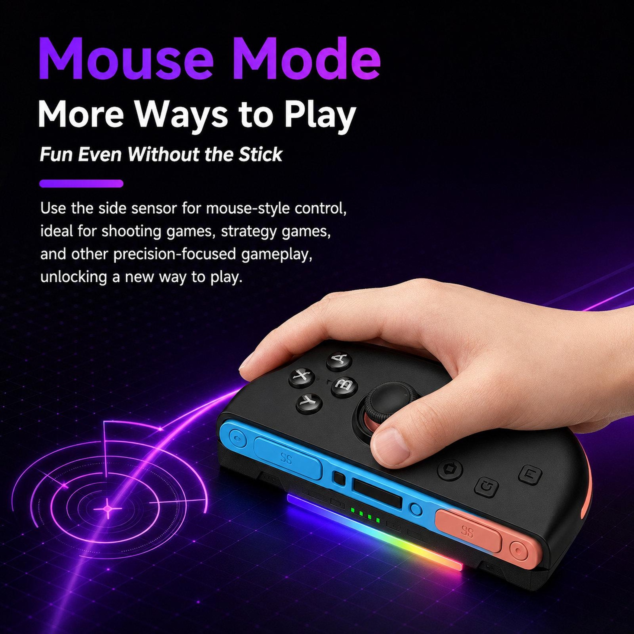 Eine Hand hält einen schwarzen Controller mit blauen und orangefarbenen Tasten vor einem lila Hintergrund.