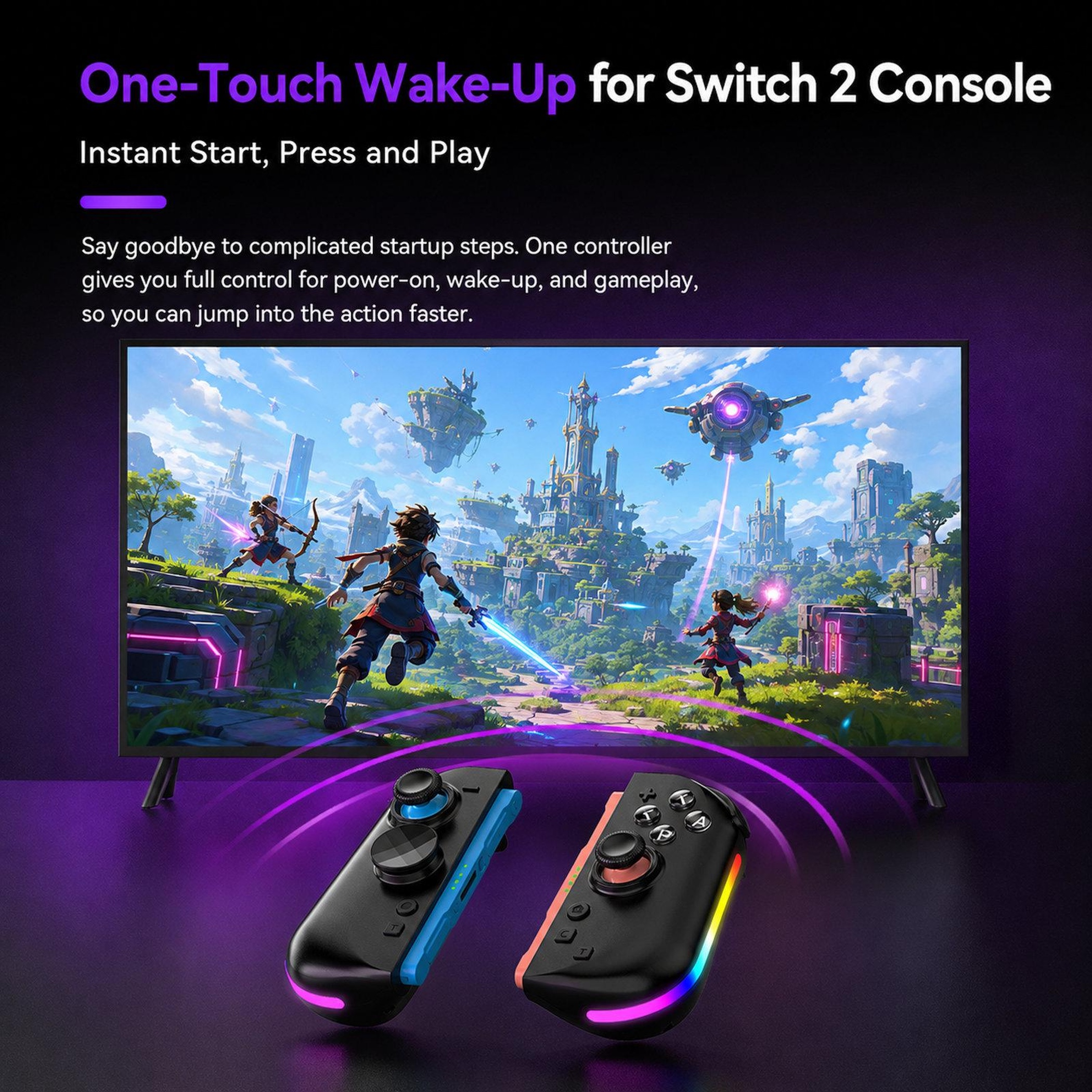 Zwei schwarze Controller mit bunten Akzenten und leuchtenden Rändern vor einem Bildschirm mit einem Fantasiespiel.