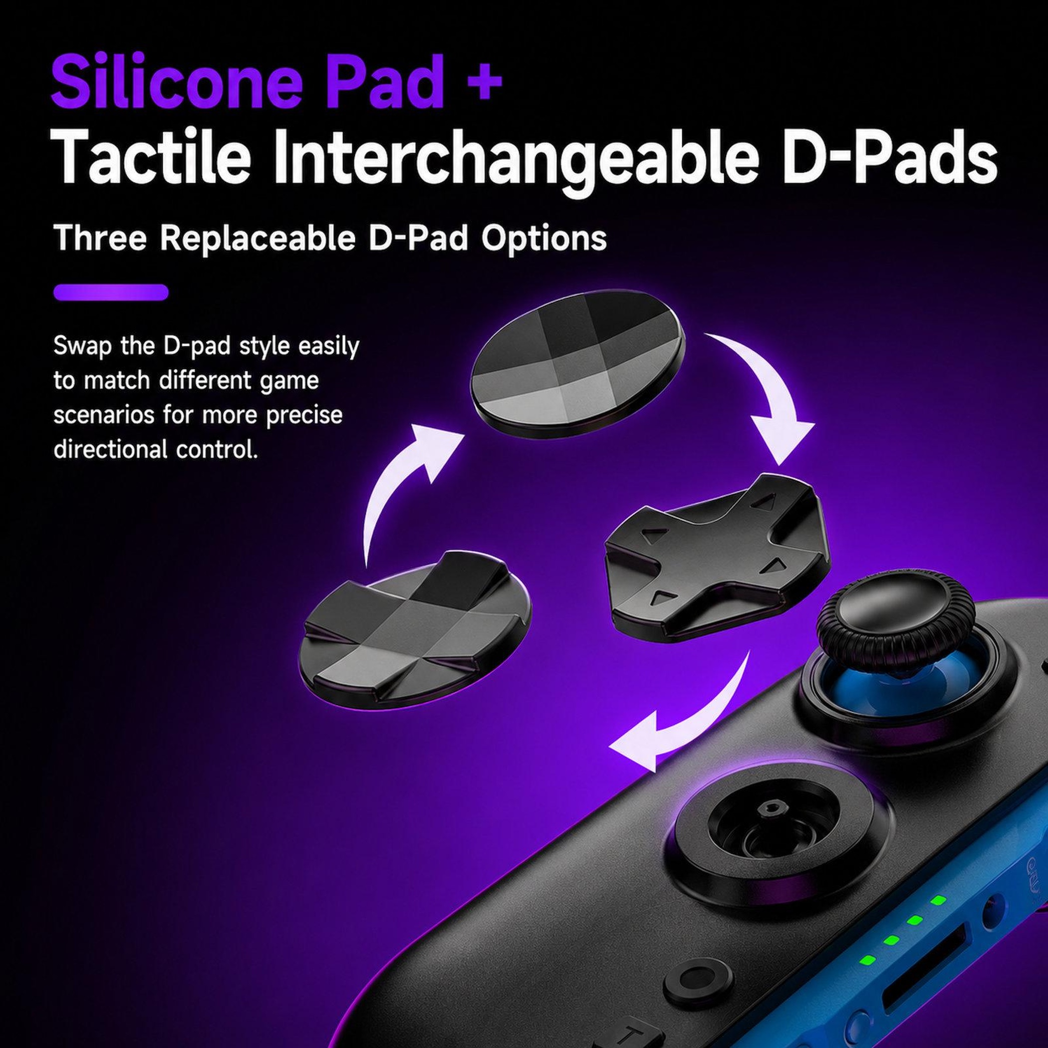Controller mit drei austauschbaren D-Pad-Optionen auf lila Hintergrund.