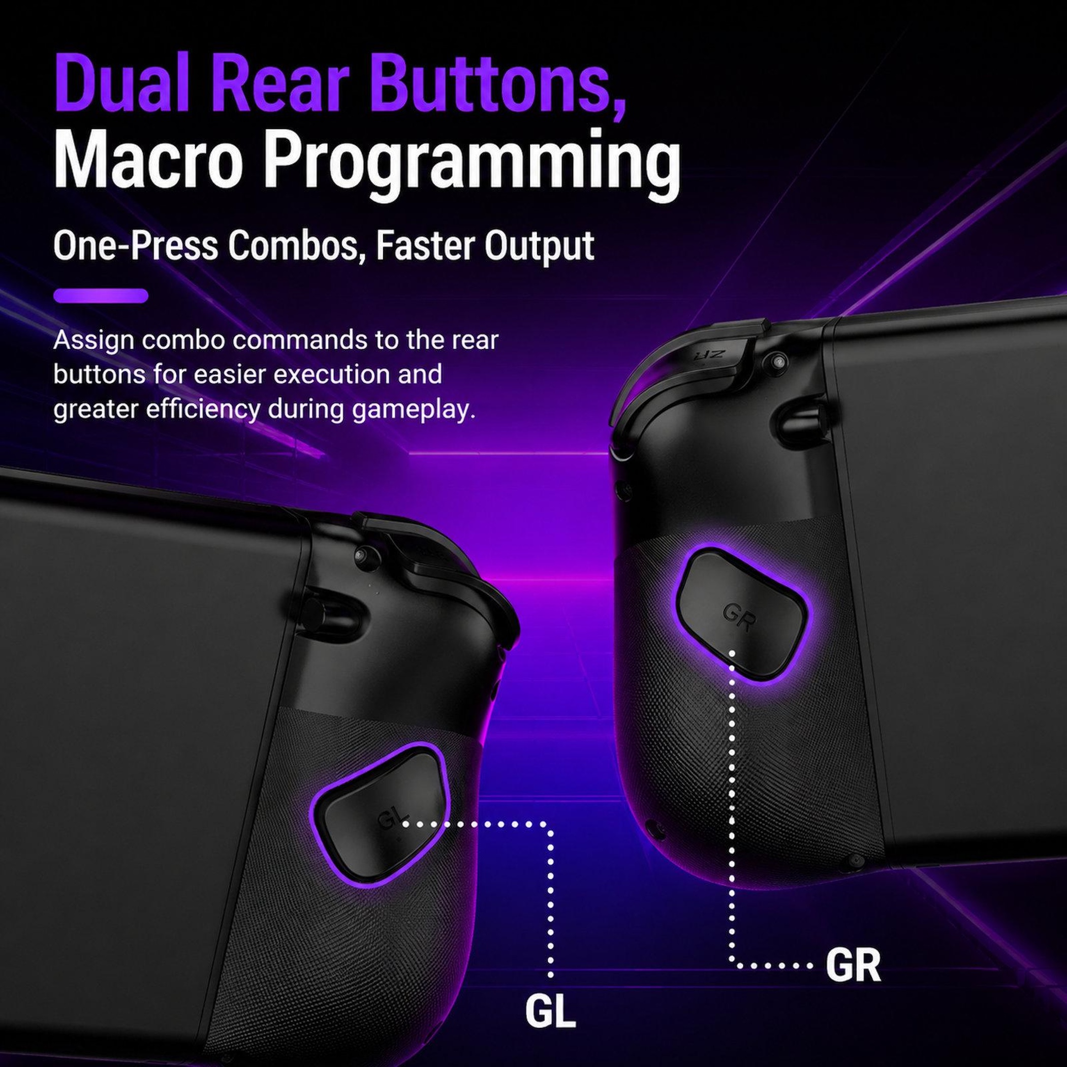 Rückseiten eines Gamecontrollers mit markierten Tasten GL und GR vor lila Hintergrund.