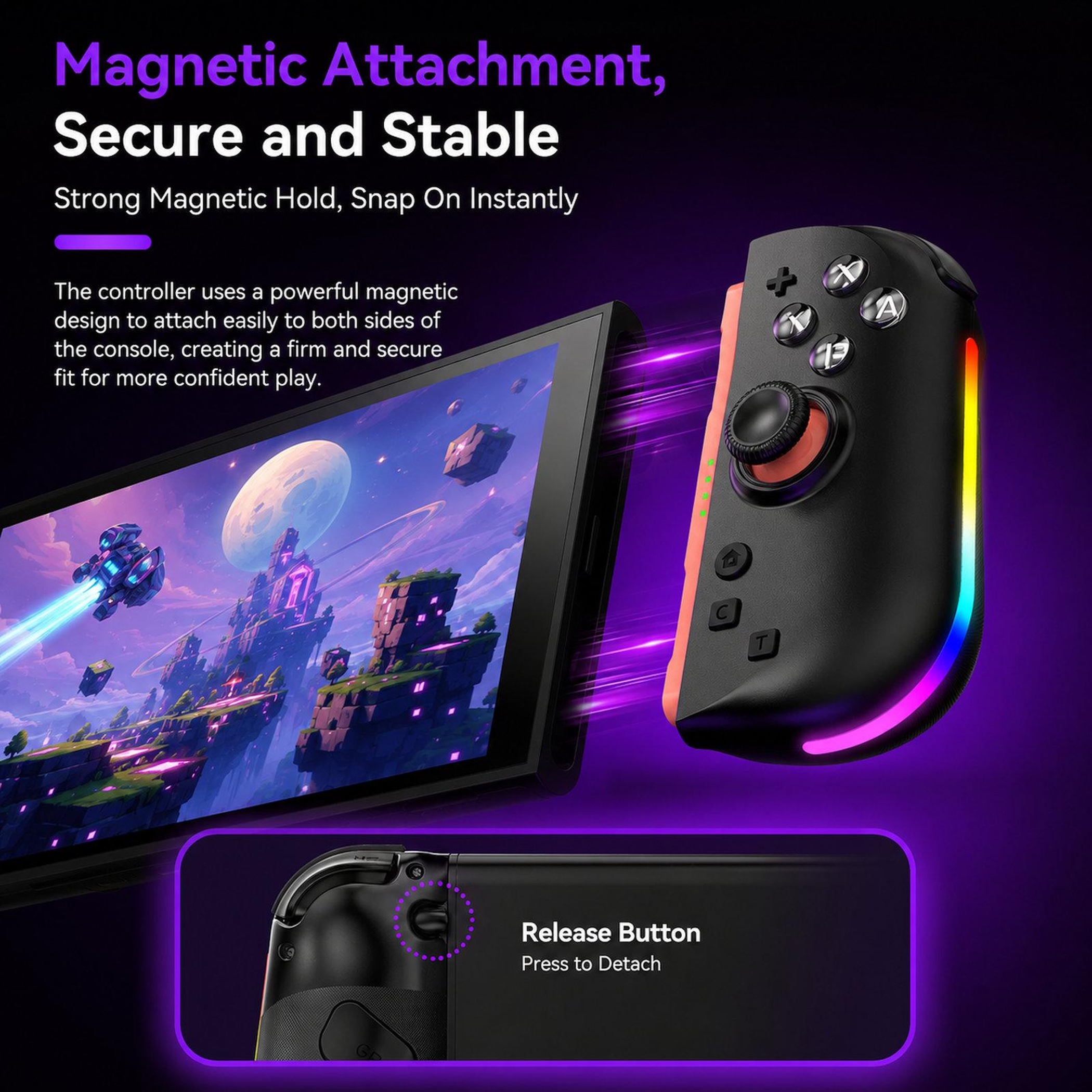 Magnetischer Controller rastet an der Konsole ein, mit leuchtenden LED-Streifen.