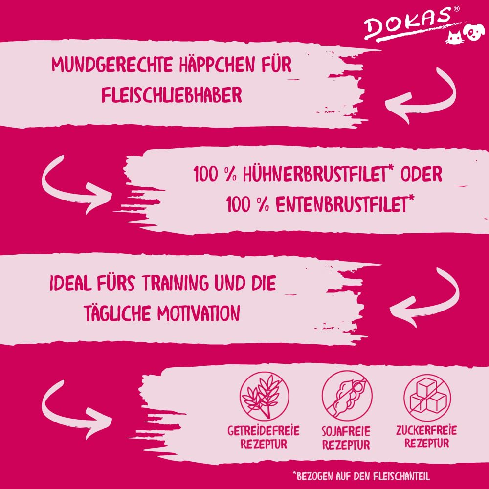 Pinkfarbene Dokas Werbegrafik mit Text und Symbolen für getreide-, soja- und zuckerfreie Snacks.