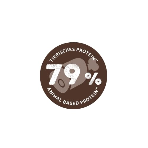 Braunes Rundlogo mit Text Tierisches Protein, einem Knochen und 79%.