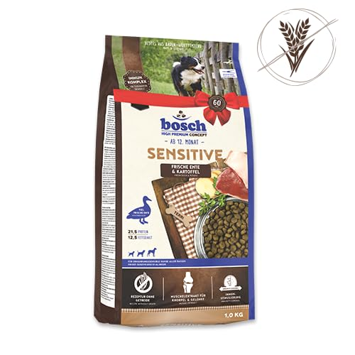Bosch Sensitive Hundefutter mit Ente und Kartoffel, mit Futternapf und Hundebild.