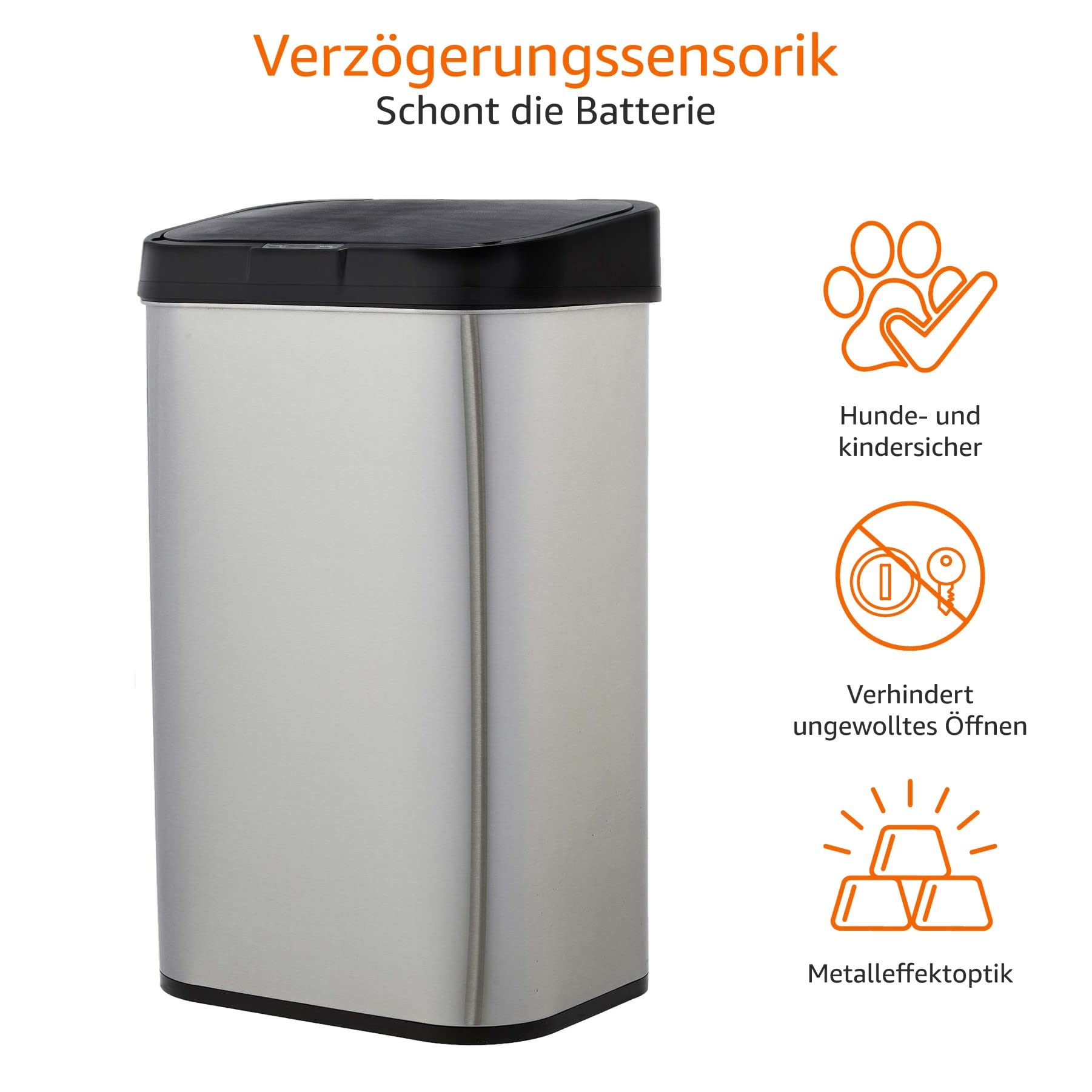 Edelstahl-Mülleimer mit schwarzem Deckel und Infografiken zu Sensorik, Kindersicherung und Metalleffekt.