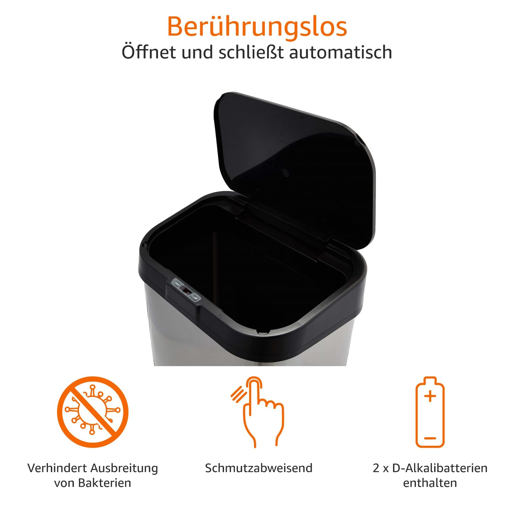 Ein offener, automatischer Mülleimer mit Sensor, deutscher Schrift und drei Funktionssymbolen.