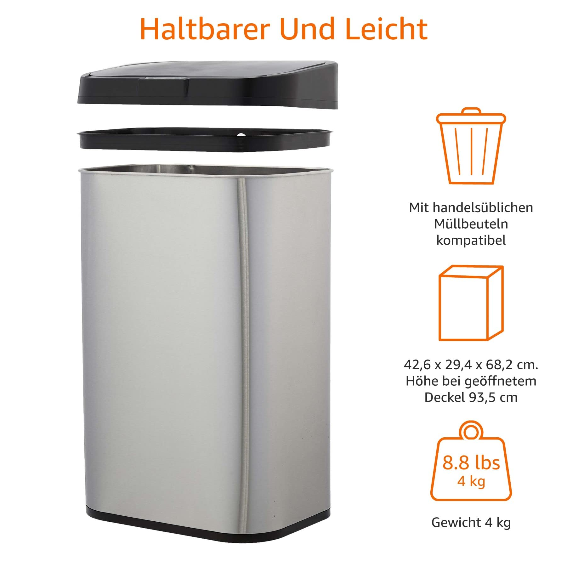 Edelstahl-Mülleimer mit offenem Deckel und Produktmerkmalen auf weißem Hintergrund.