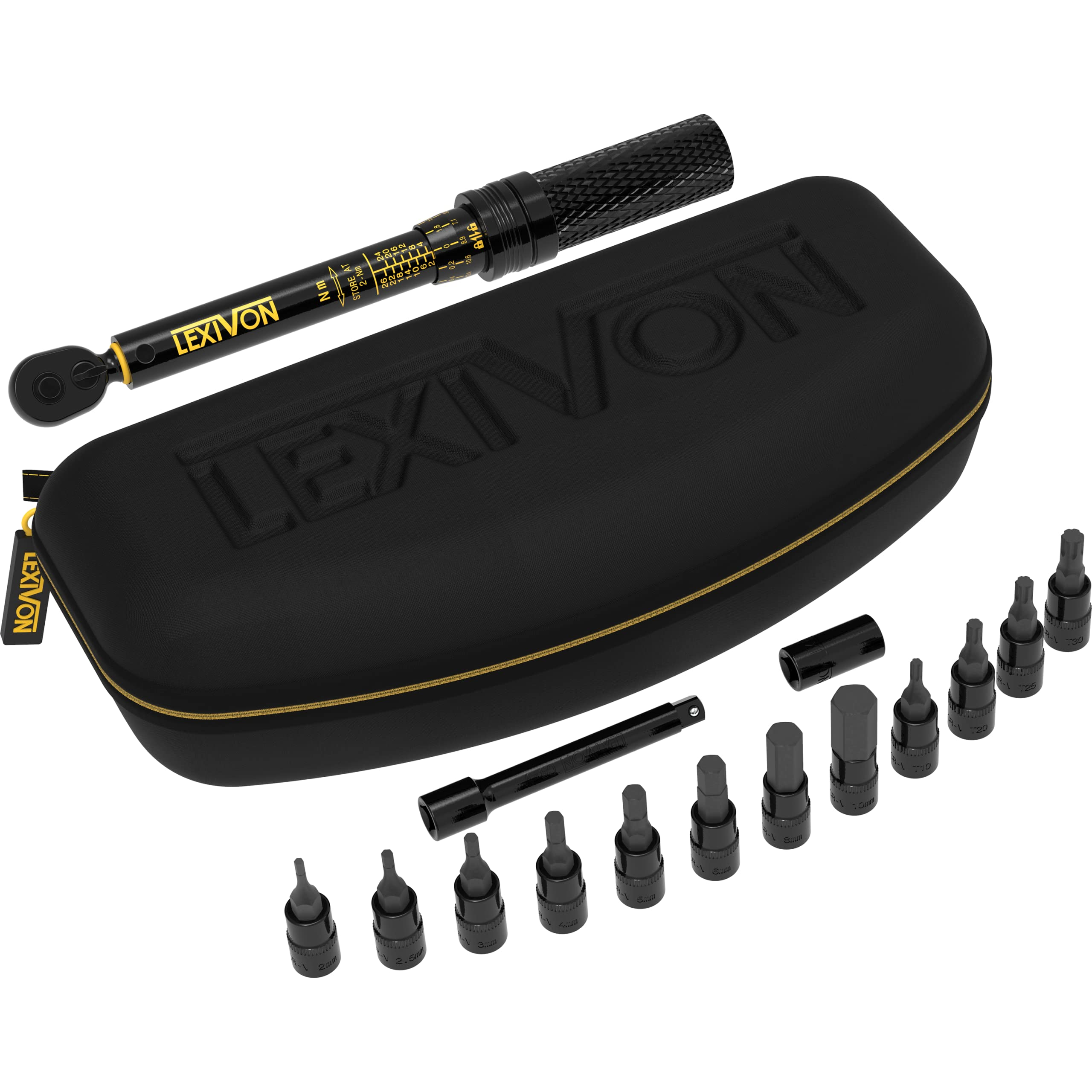 Jeu de clés dynamométriques Lexivon noir avec étui et divers embouts sur fond blanc.