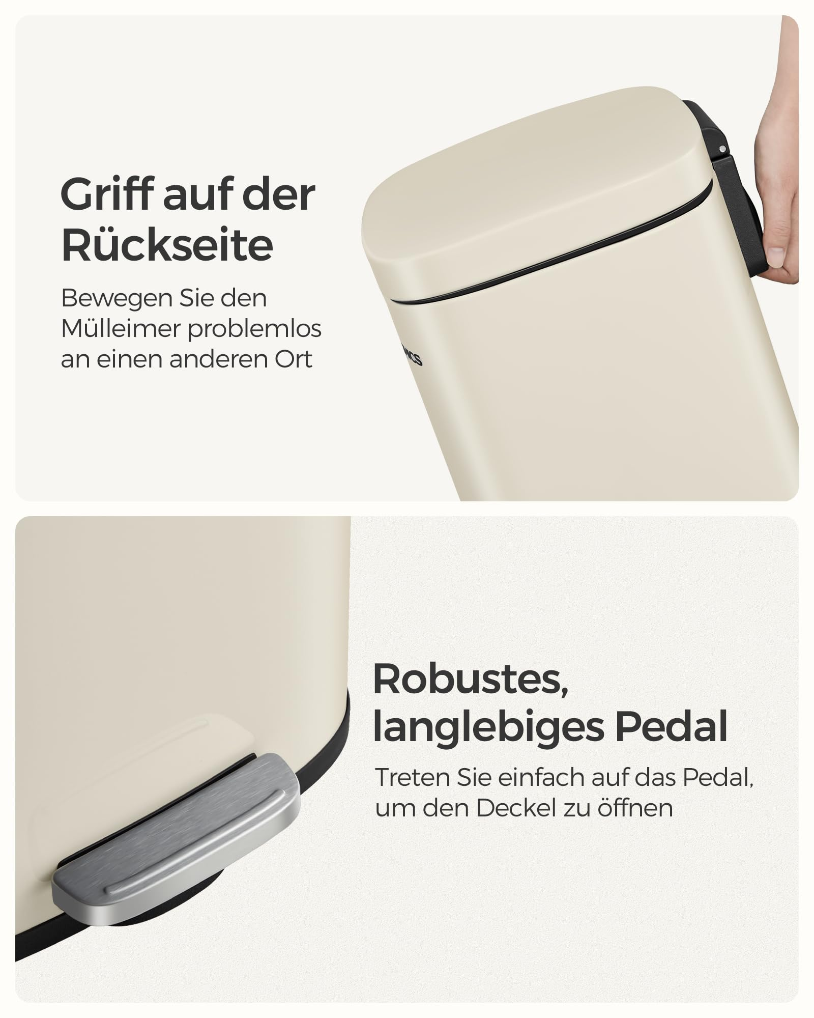 Cremefarbener Mülleimer mit Tragegriff hinten und stabilem Fußpedal zum Öffnen des Deckels.