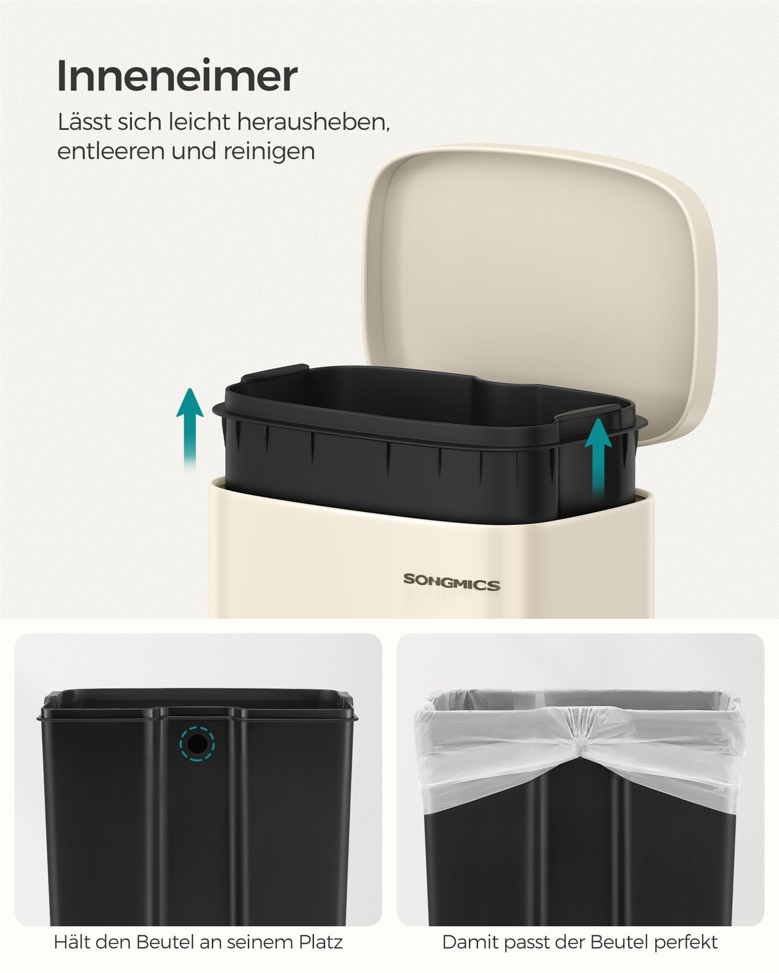 Ein beiger Mülleimer mit herausnehmbarem schwarzen Inneneimer und Müllbeutelbefestigung.