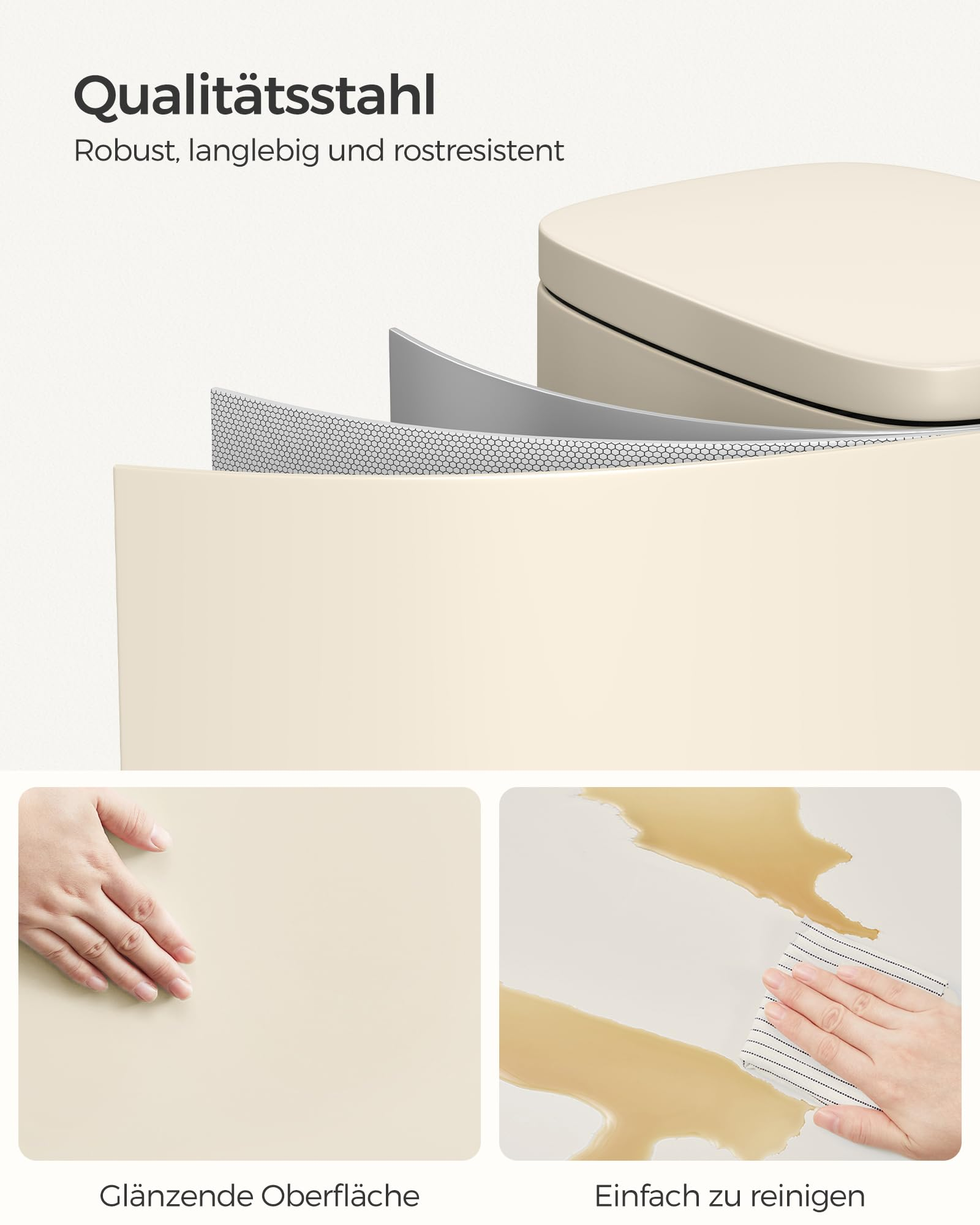 Diagramm zeigt den mehrschichtigen Aufbau einer rostfreien Stahloberfläche, die leicht zu reinigen ist.