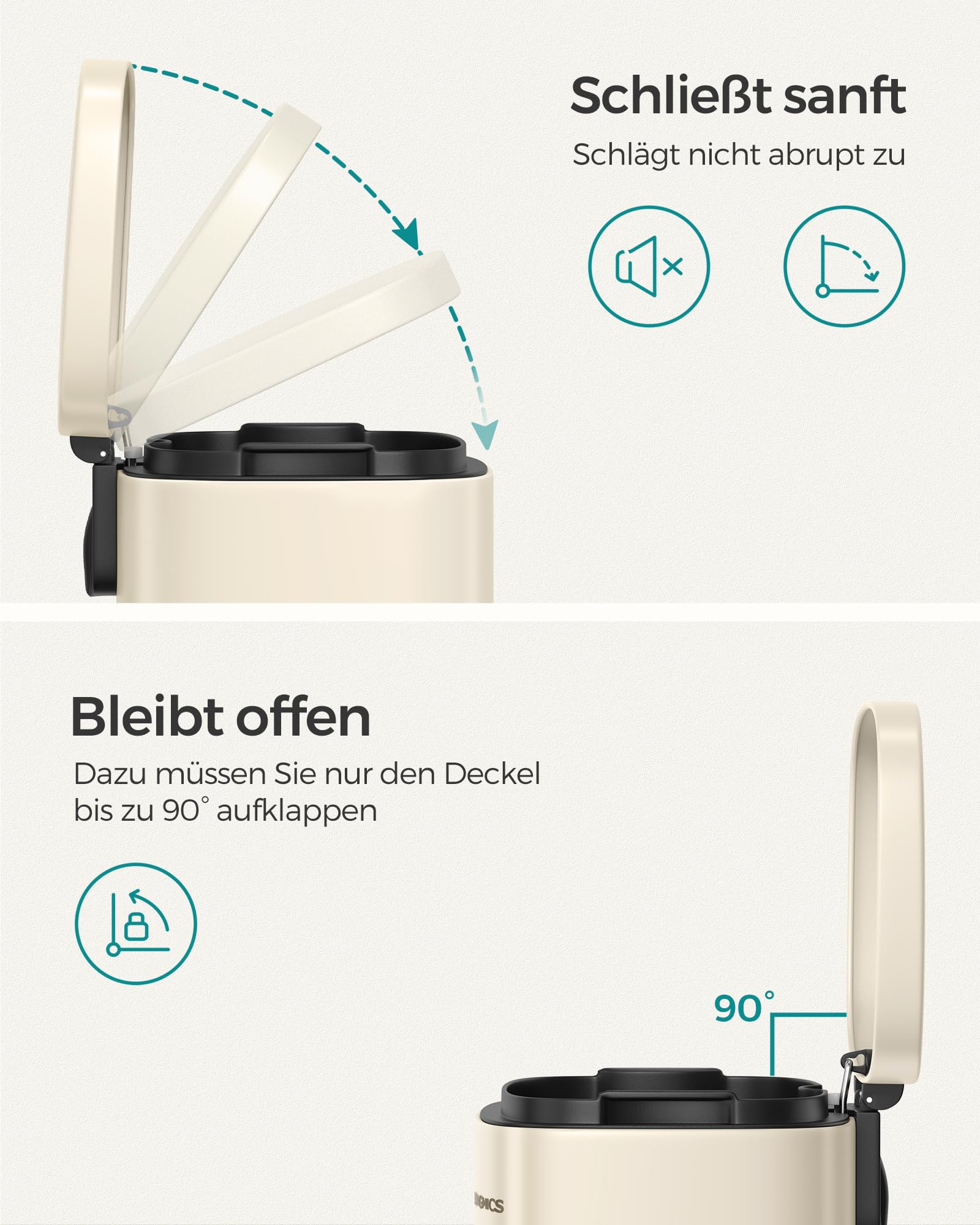 Diagramm zeigt einen beigen Mülleimer mit sanft schließendem und offenbleibendem Deckel.