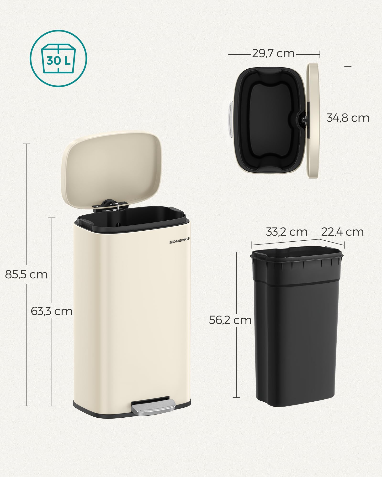 Beige 30L Treteimer mit Maßen von Höhe, Breite und Tiefe sowie herausnehmbarem Inneneimer.