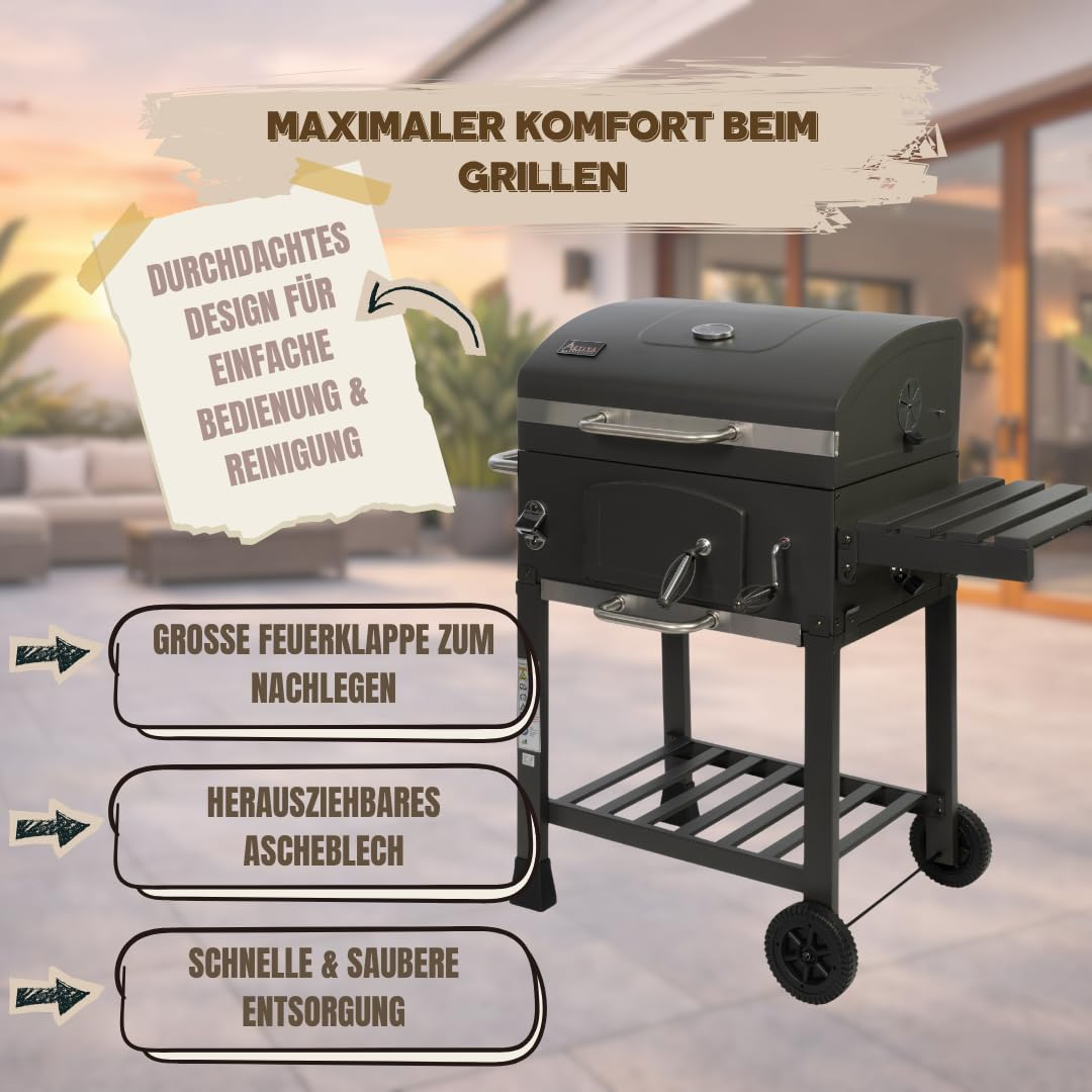 Un barbecue au charbon noir sur une terrasse avec des bannières explicatives.