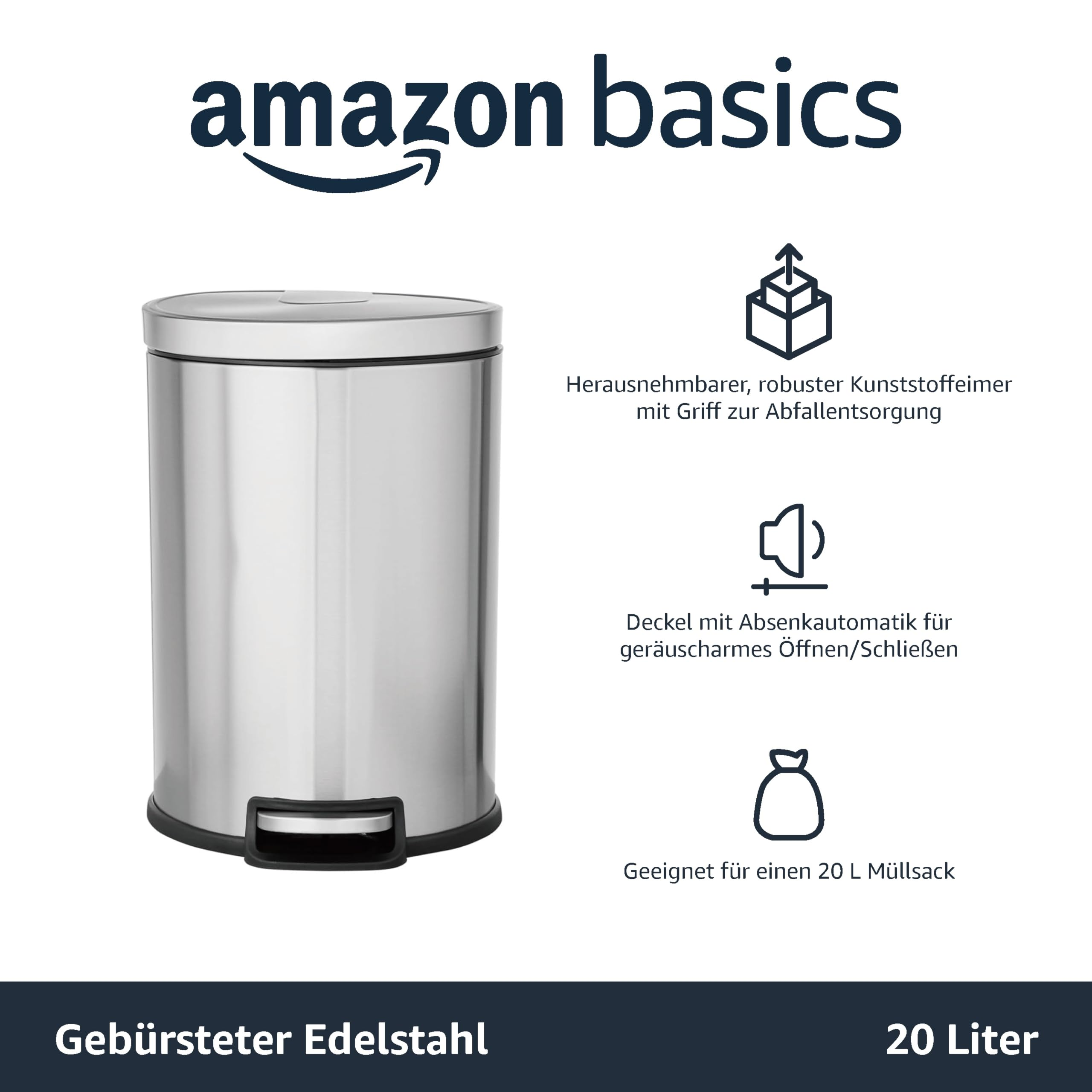 Ein 20 Liter Mülleimer aus Edelstahl mit Fußpedal und drei Icons für Eigenschaften auf weißem Hintergrund.