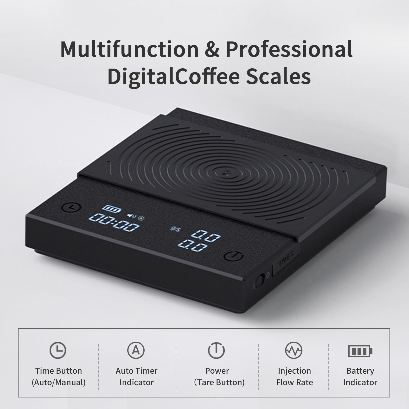 Digitale Kaffeewaage mit gerillter Oberfläche, LED-Anzeige und Funktionssymbolen am unteren Rand.