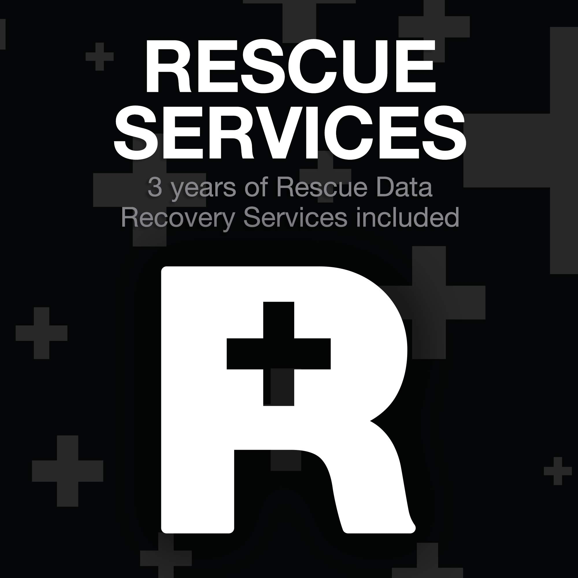Manifesto nero con testo bianco Rescue Services, una grande grafica R e segni più grigi sullo sfondo.