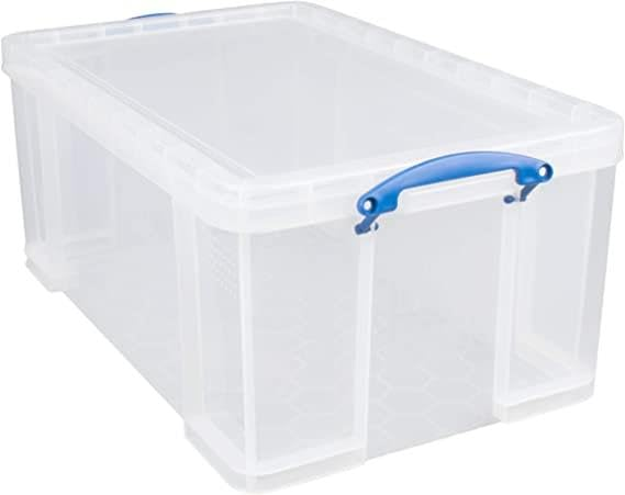 Scatola portaoggetti in plastica trasparente con manico blu e coperchio su sfondo bianco.