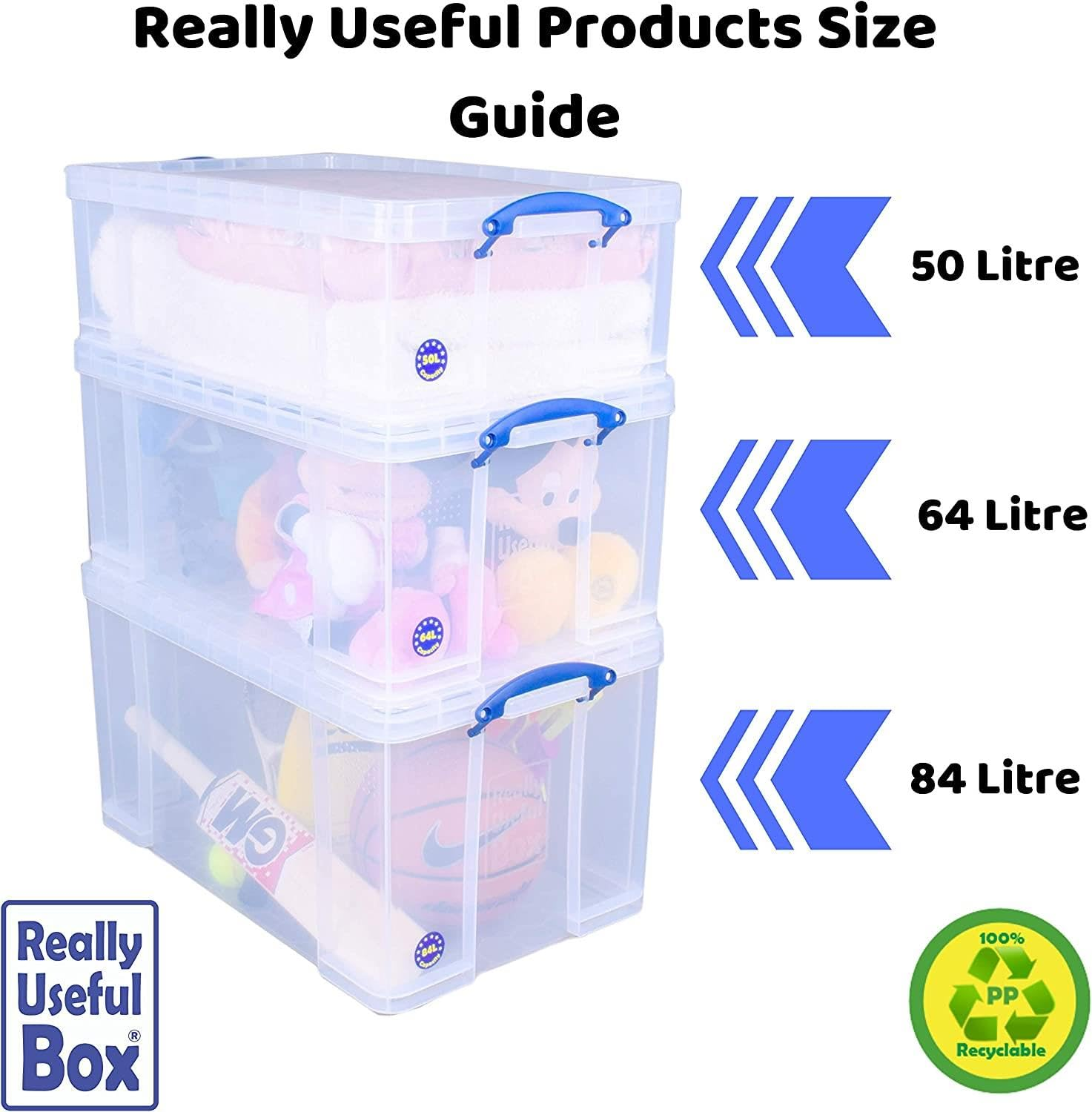 Guida alle taglie per scatole in plastica trasparente con manici blu, capacità 50L, 64L e 84L.