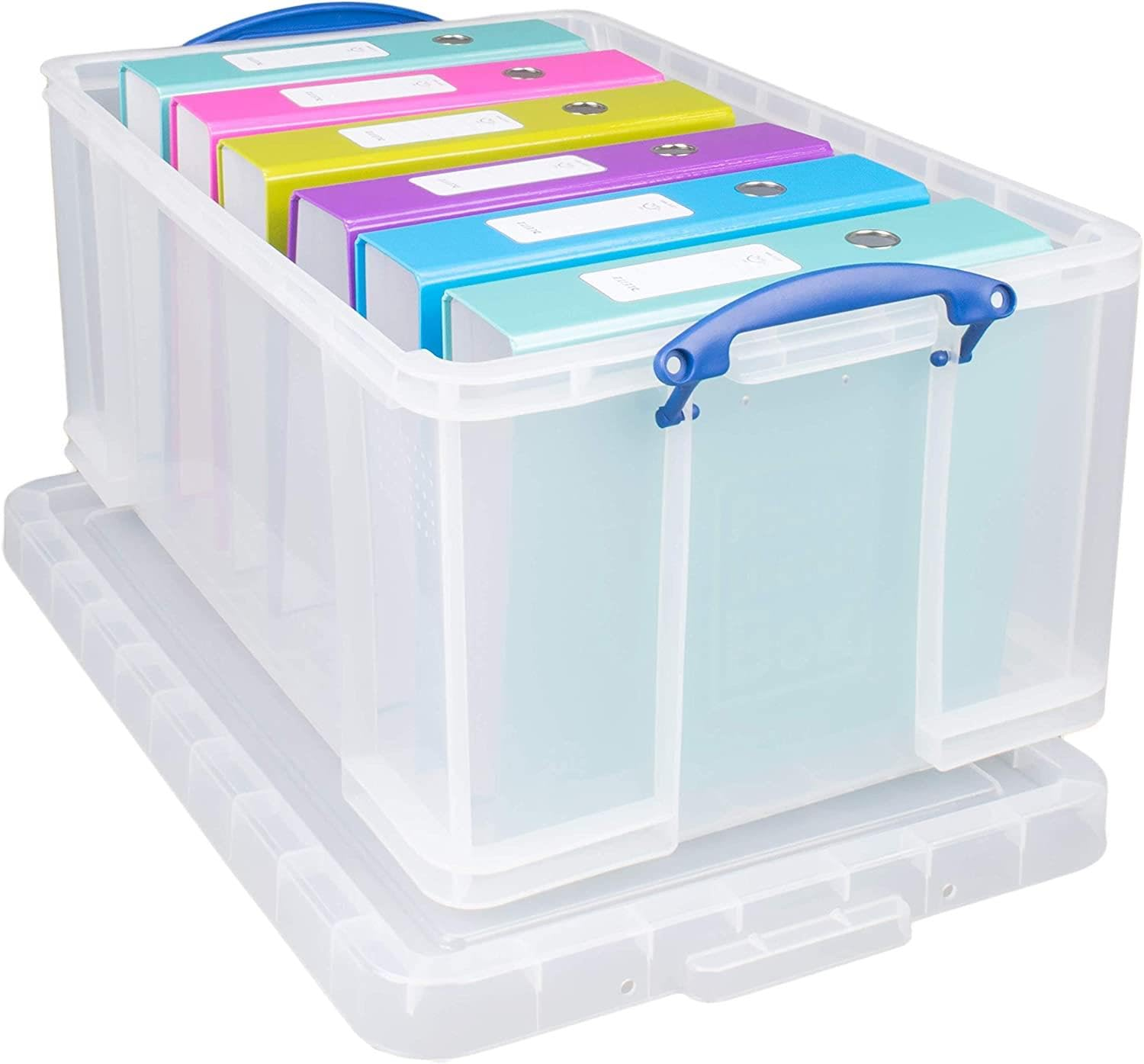 Sei raccoglitori colorati sono ordinati in una scatola di plastica trasparente con manici blu, su un coperchio.