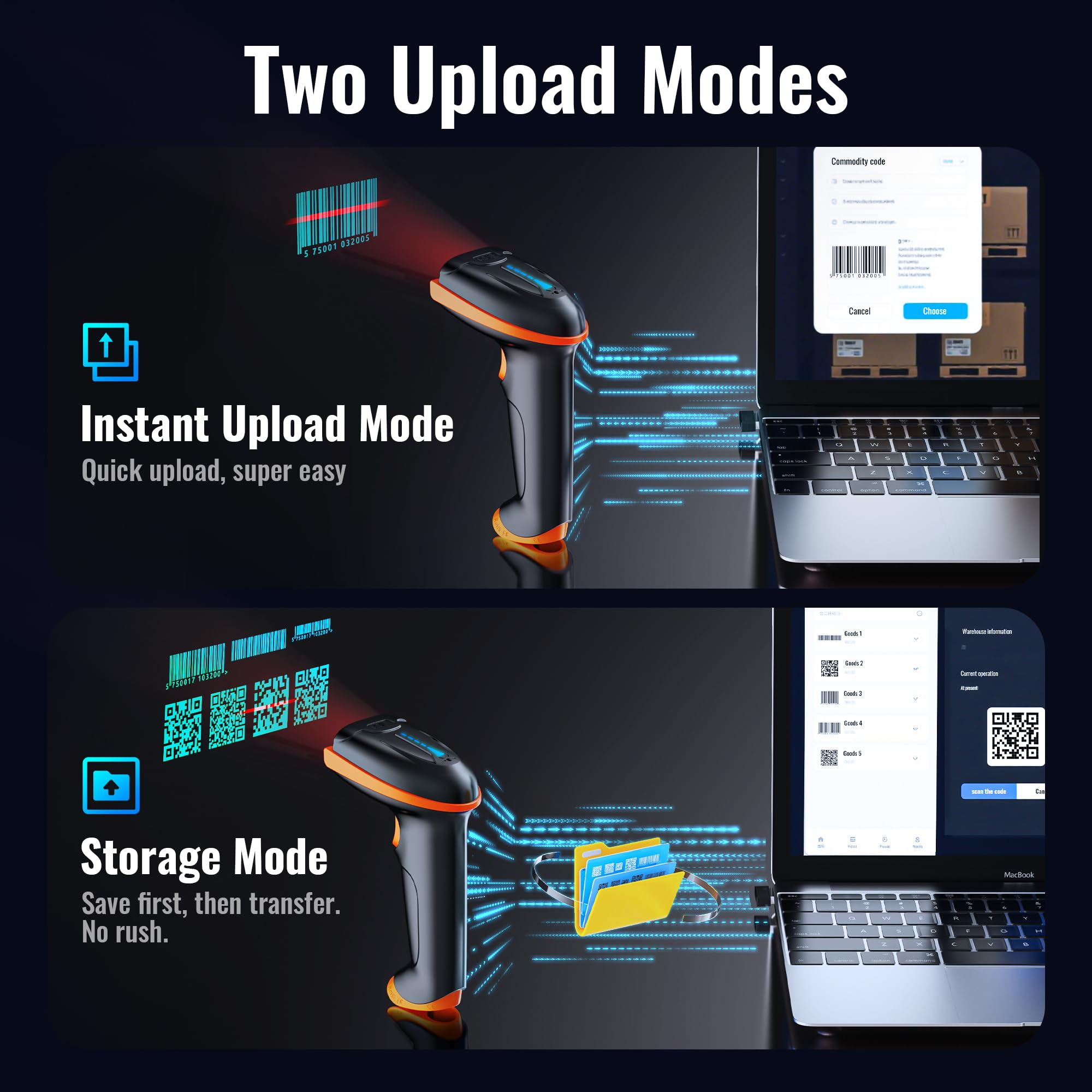 Zwei Upload-Modi für den Barcode-Scanner: Sofort-Upload und Speicher-Modus mit Laptop-Schnittstelle.